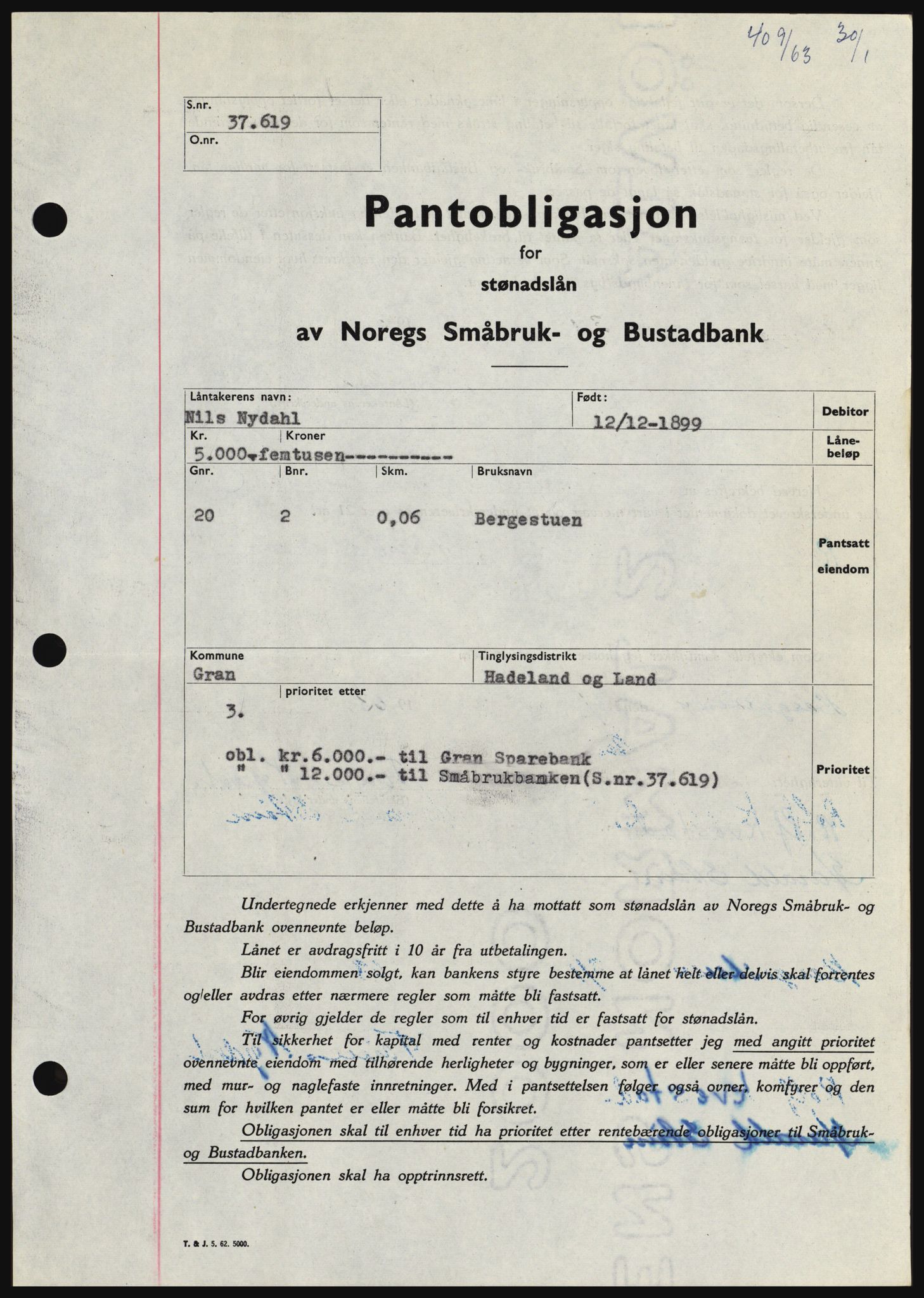 Hadeland og Land tingrett, SAH/TING-010/H/Hb/Hbc/L0050: Pantebok nr. B50, 1962-1963, Dagboknr: 409/1963