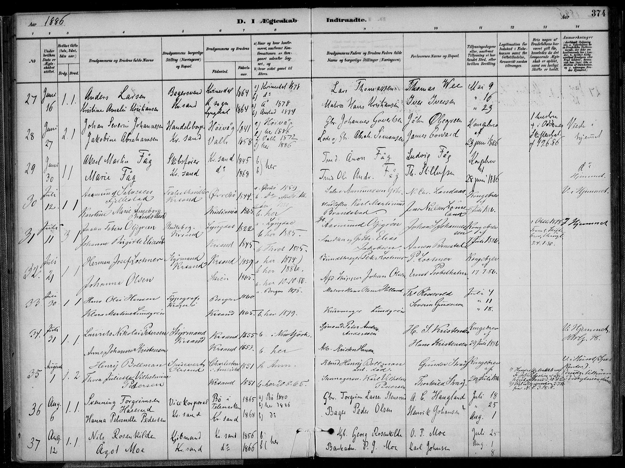 Kristiansand domprosti, AV/SAK-1112-0006/F/Fa/L0017: Ministerialbok nr. A 16B, 1880-1890, s. 374