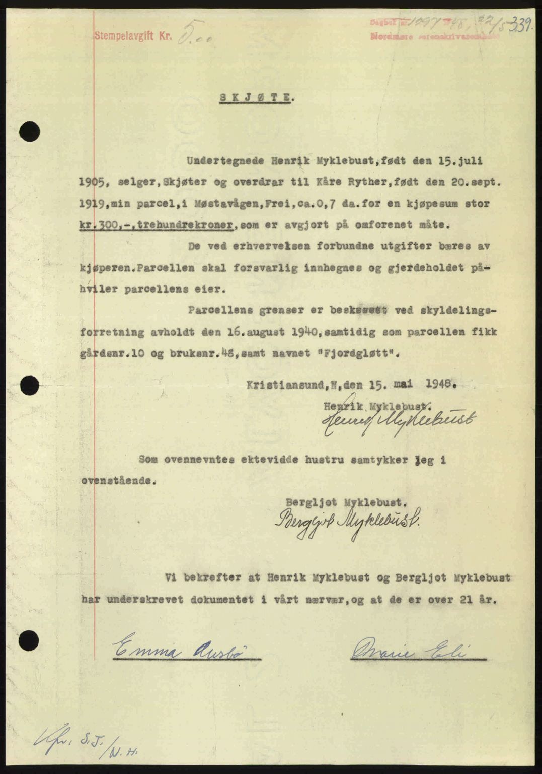 Nordmøre sorenskriveri, SAT/A-4132/1/2/2Ca: Pantebok nr. A108, 1948-1948, Dagboknr: 1297/1948