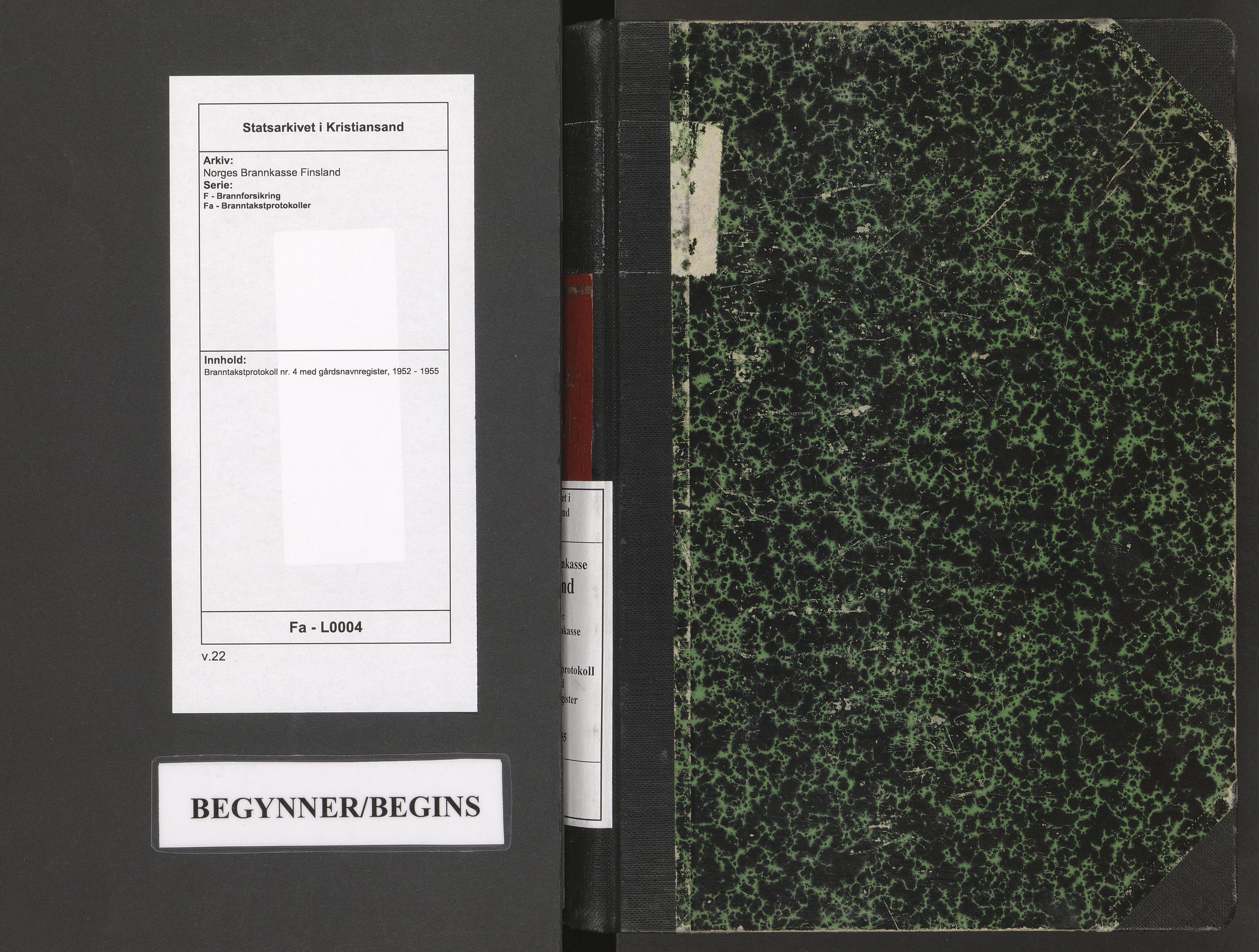 Norges Brannkasse Finsland, AV/SAK-2241-0013/F/Fa/L0004: Branntakstprotokoll nr. 4 med gårdsnavnregister, 1952-1955
