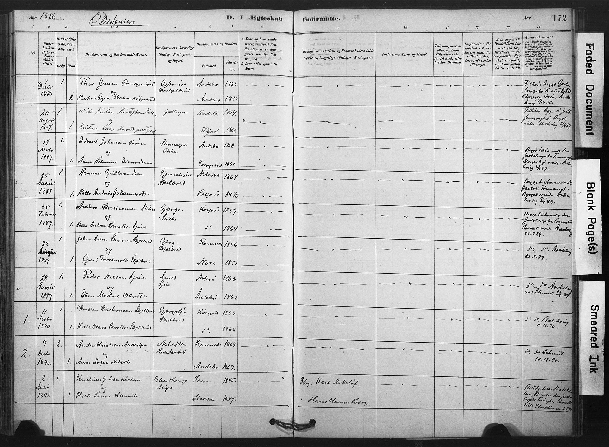 Andebu kirkebøker, AV/SAKO-A-336/F/Fb/L0001: Ministerialbok nr. II 1, 1878-1909, s. 172