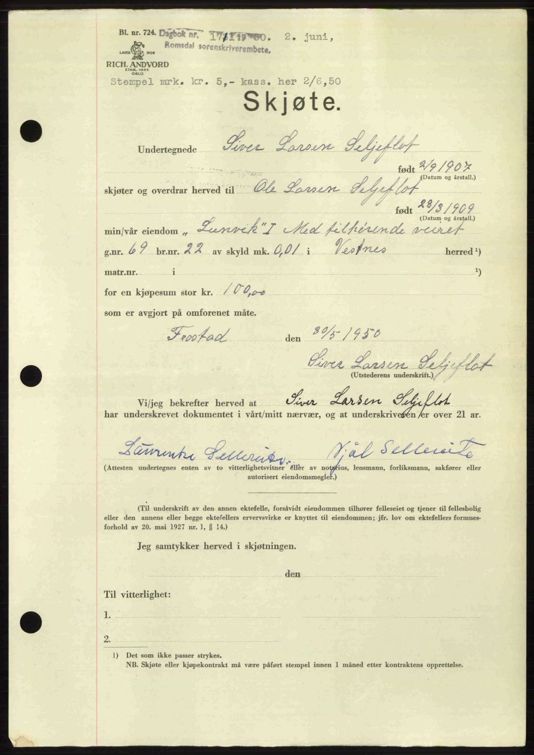 Romsdal sorenskriveri, SAT/A-4149/1/2/2C: Pantebok nr. A33, 1950-1950, Dagboknr: 1711/1950