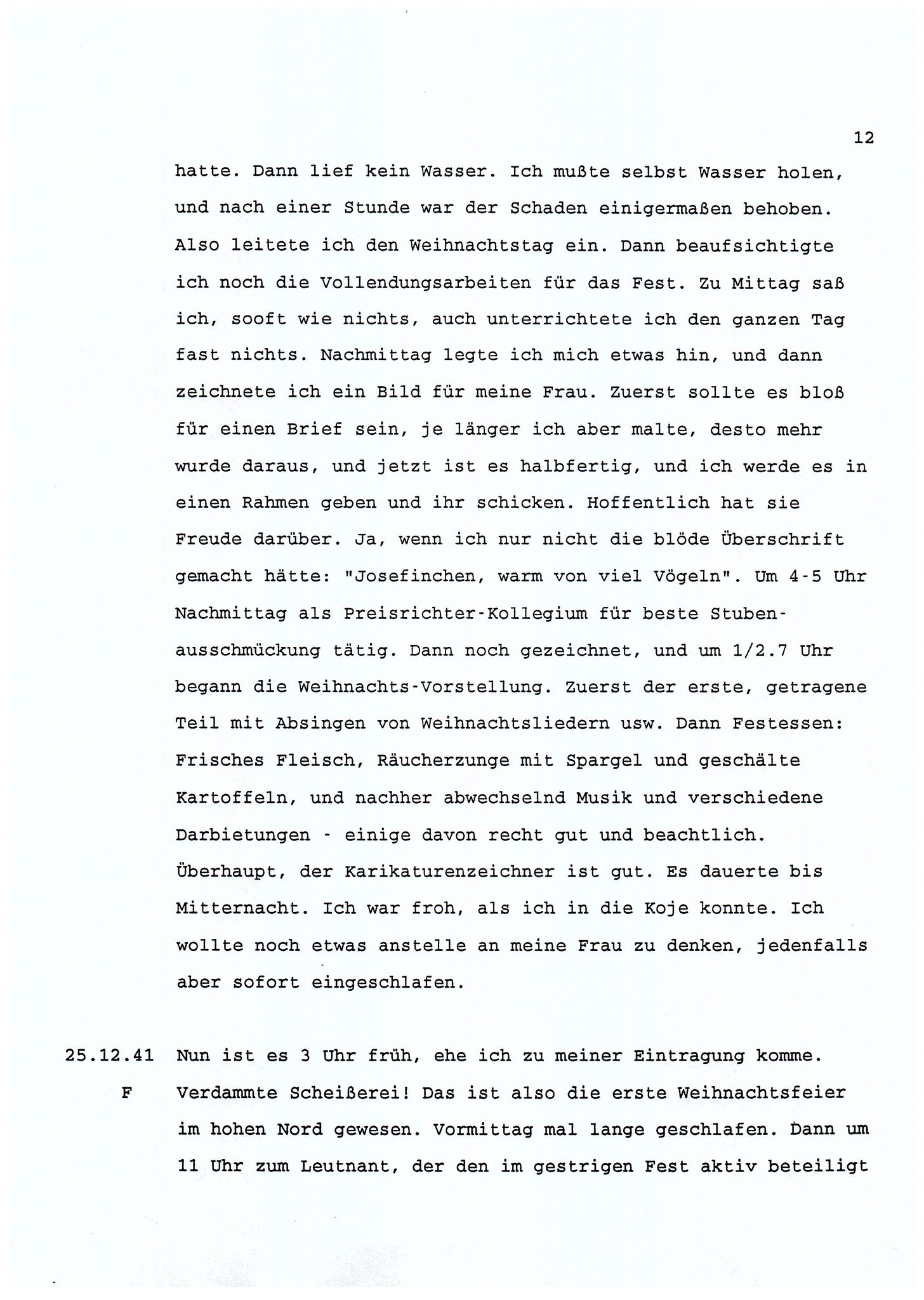 Dagbokopptegnelser av en tysk marineoffiser stasjonert i Norge , FMFB/A-1160/F/L0001: Dagbokopptegnelser av en tysk marineoffiser stasjonert i Norge, 1941-1944, s. 12