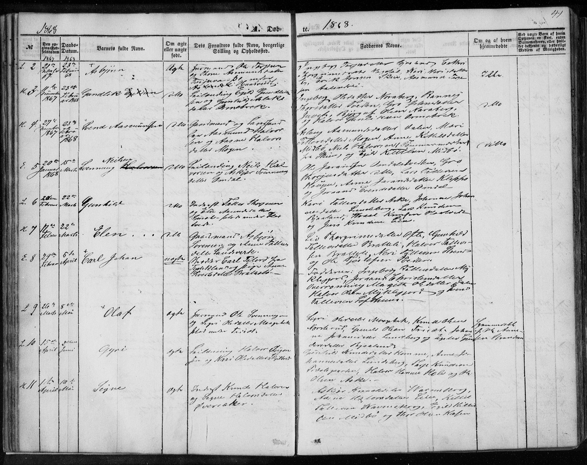 Lårdal kirkebøker, AV/SAKO-A-284/F/Fa/L0006: Ministerialbok nr. I 6, 1861-1886, s. 41
