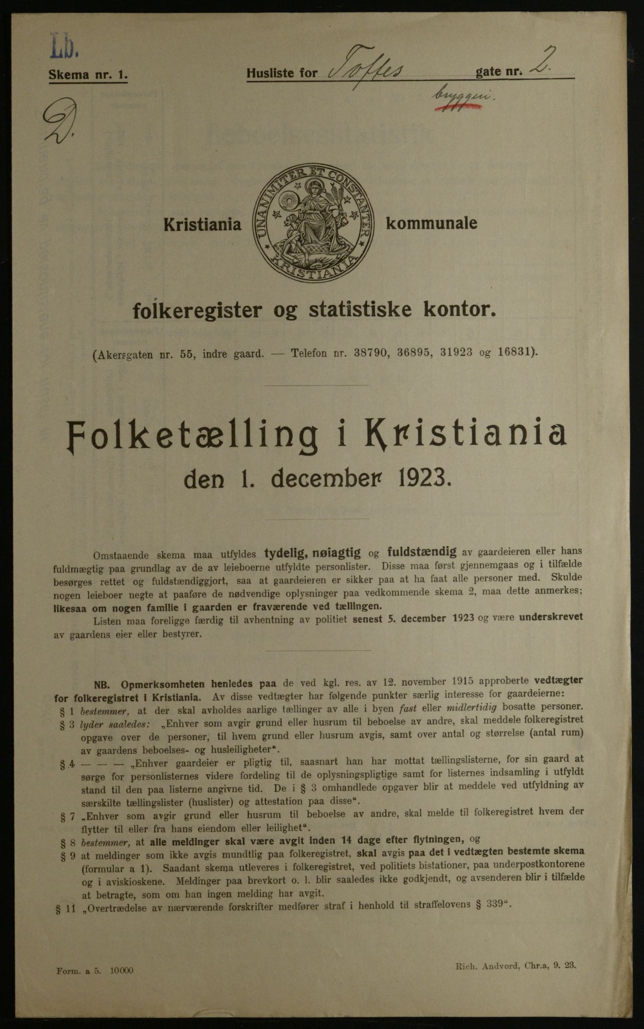 OBA, Kommunal folketelling 1.12.1923 for Kristiania, 1923, s. 123382