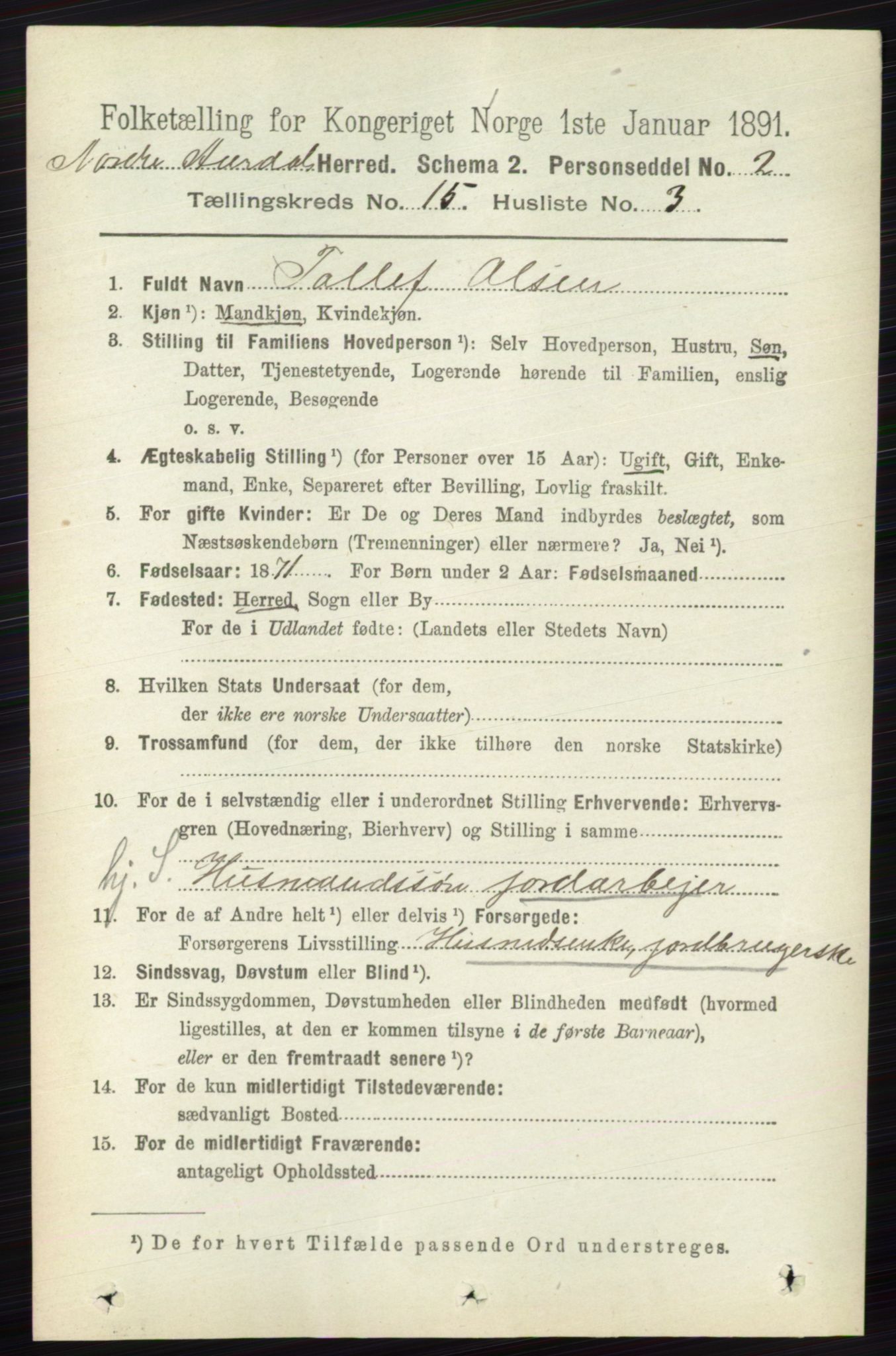 RA, Folketelling 1891 for 0542 Nord-Aurdal herred, 1891, s. 5752