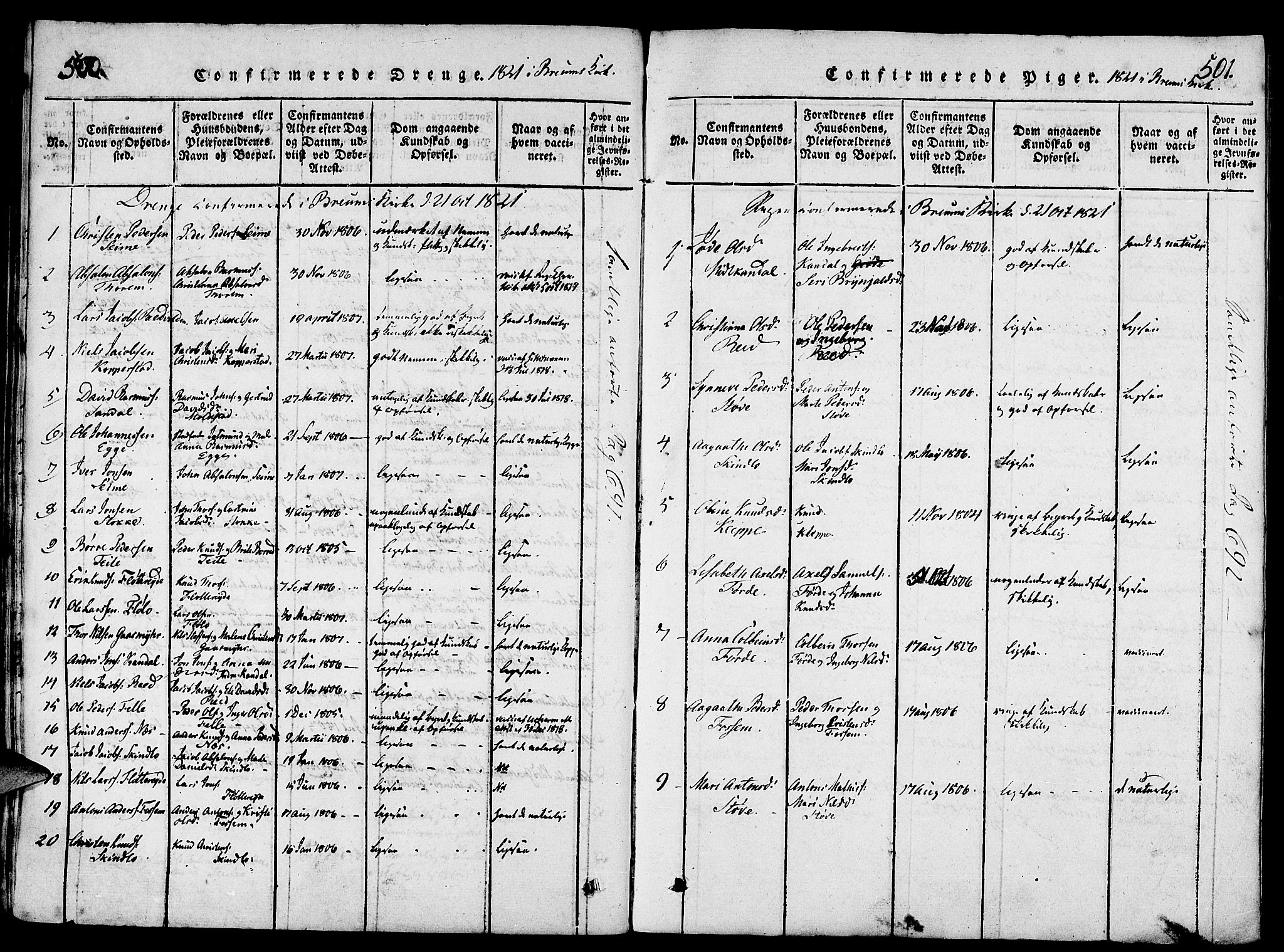Gloppen sokneprestembete, AV/SAB-A-80101/H/Haa/Haaa/L0006: Ministerialbok nr. A 6, 1816-1826, s. 500-501