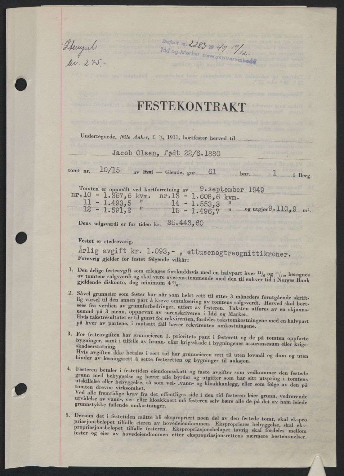 Idd og Marker sorenskriveri, SAO/A-10283/G/Gb/Gbb/L0013: Pantebok nr. A13, 1949-1950, Dagboknr: 2283/1949