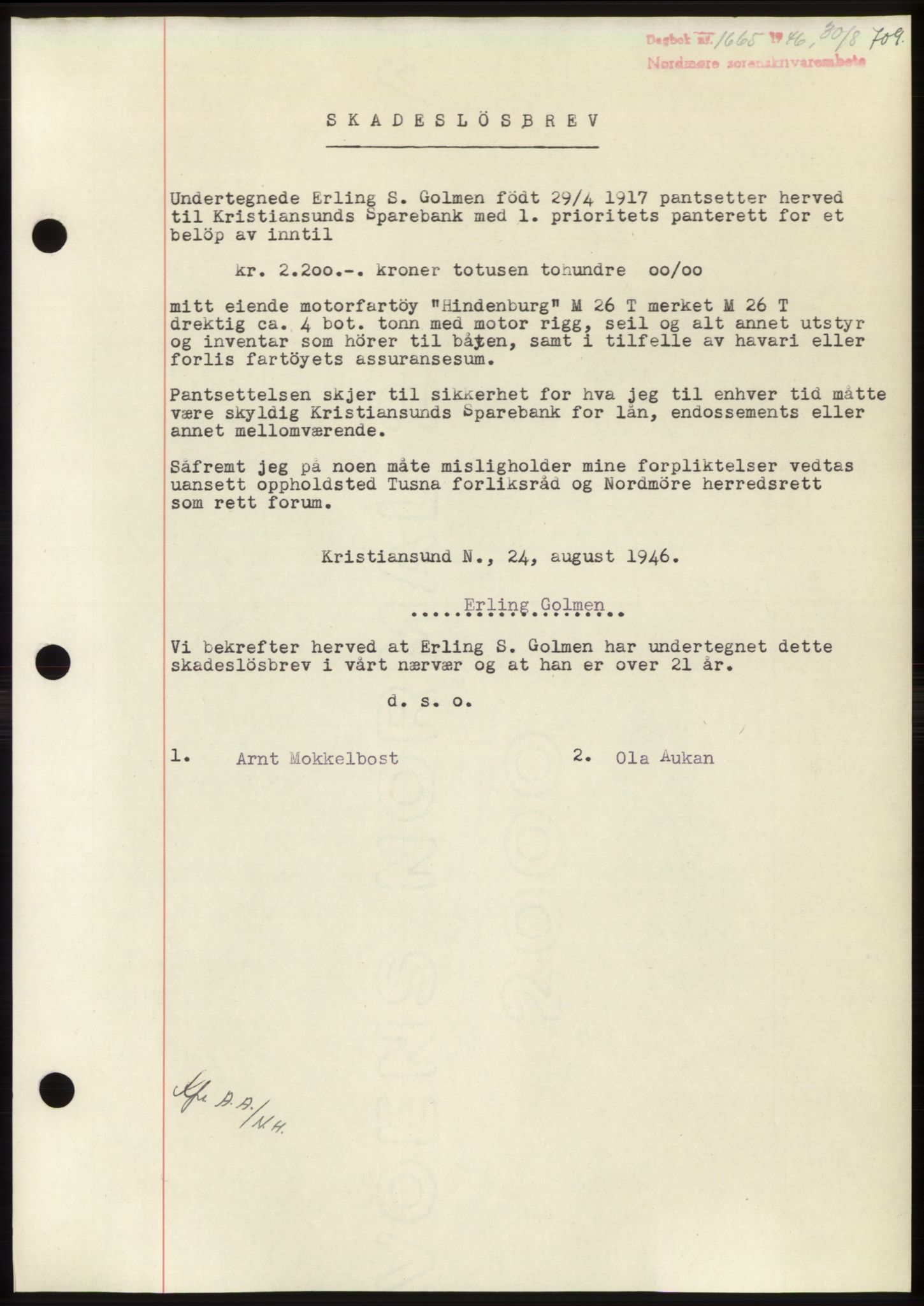 Nordmøre sorenskriveri, SAT/A-4132/1/2/2Ca: Pantebok nr. B94, 1946-1946, Dagboknr: 1665/1946