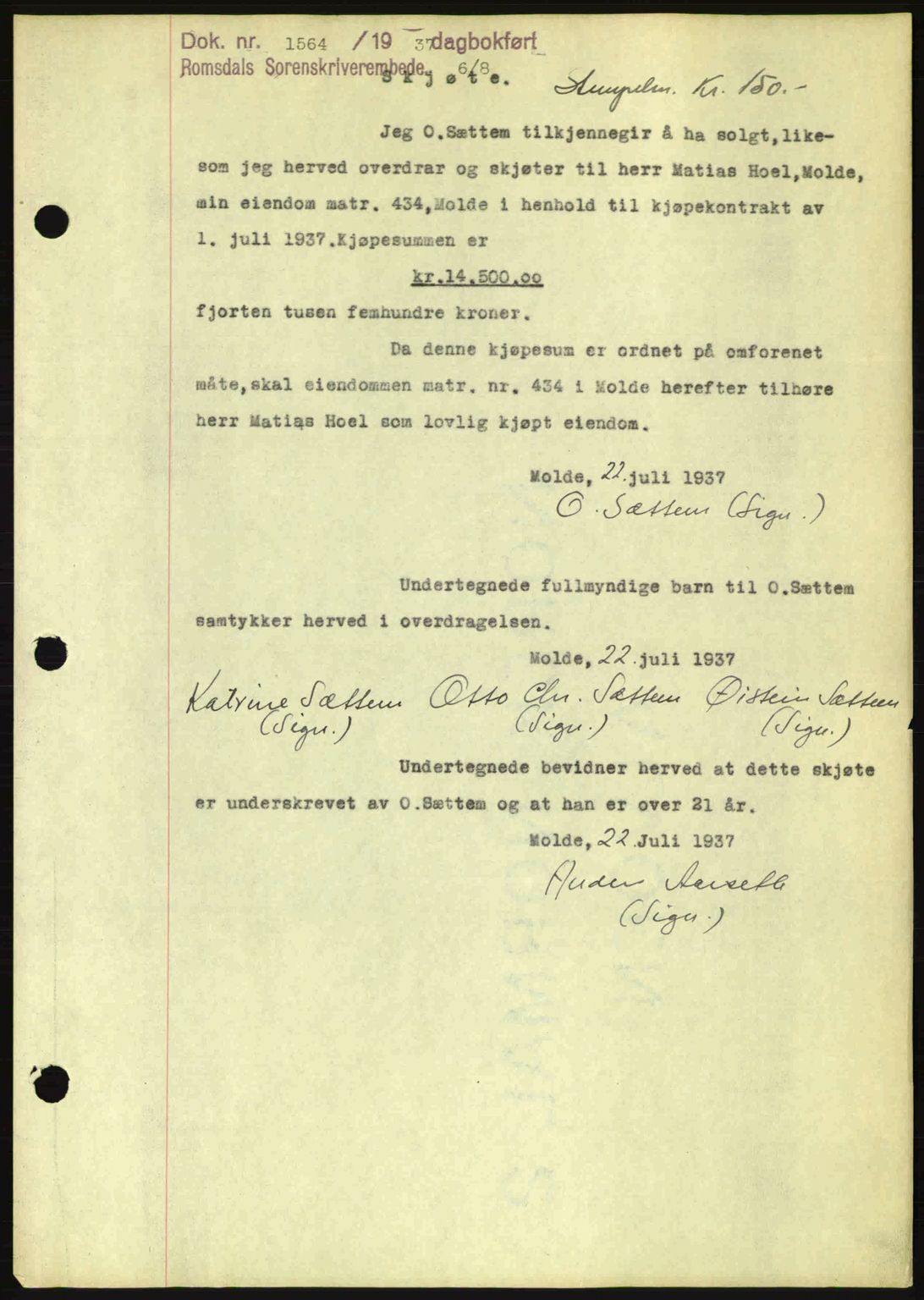 Romsdal sorenskriveri, SAT/A-4149/1/2/2C: Pantebok nr. A3, 1937-1937, Dagboknr: 1564/1937