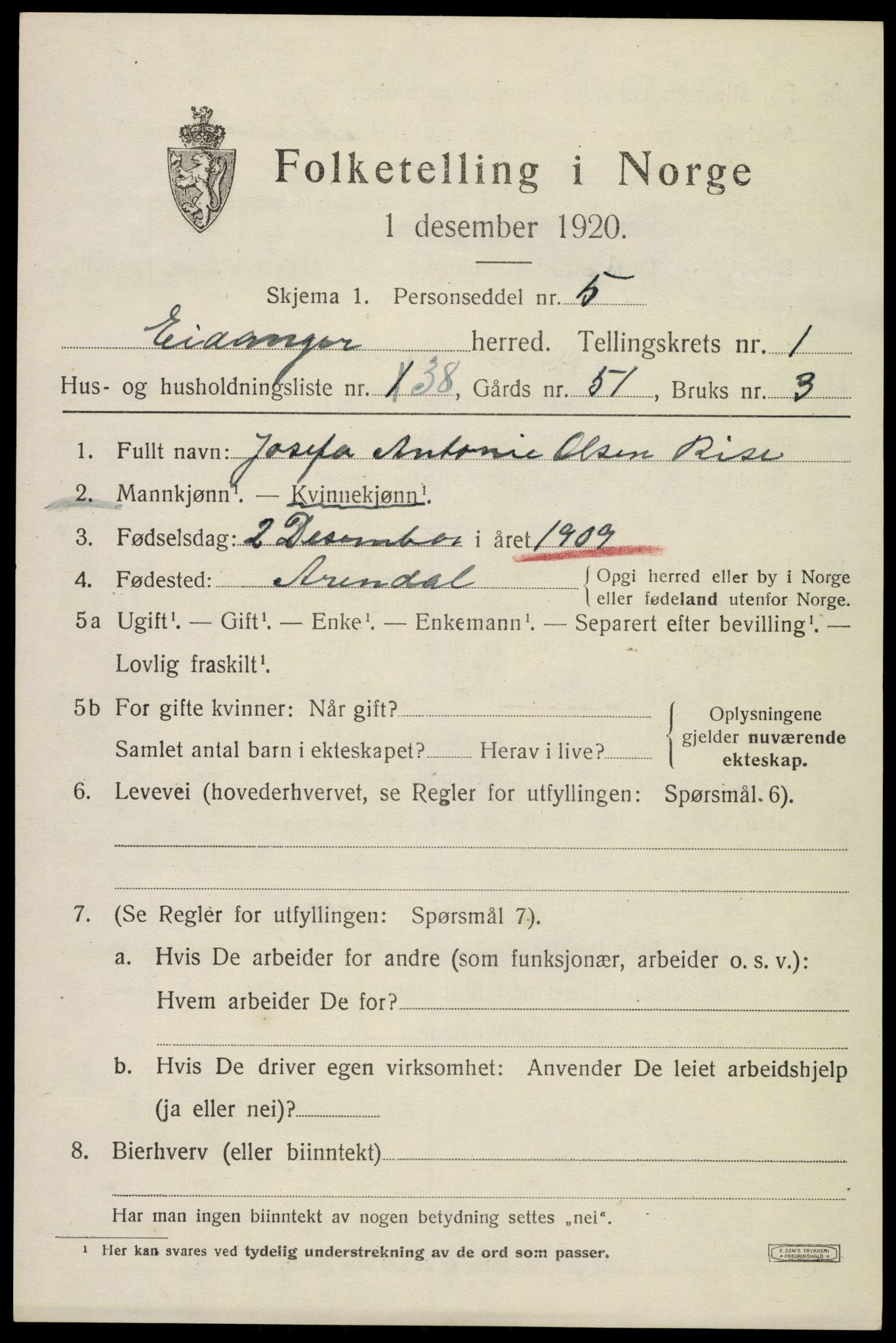 SAKO, Folketelling 1920 for 0813 Eidanger herred, 1920, s. 2072