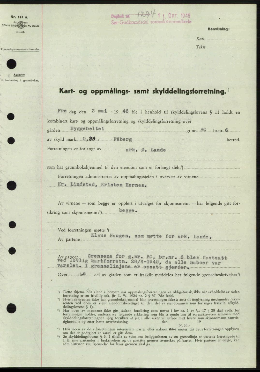 Sør-Gudbrandsdal tingrett, SAH/TING-004/H/Hb/Hbd/L0016: Pantebok nr. A16, 1946-1946, Dagboknr: 1294/1946