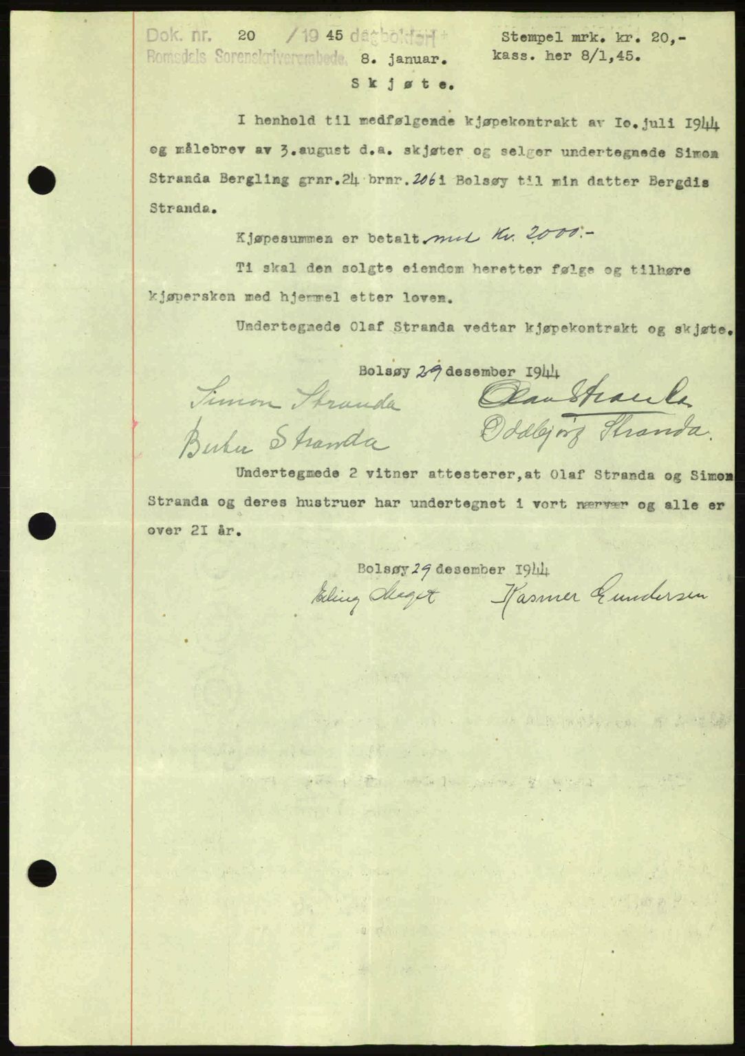 Romsdal sorenskriveri, SAT/A-4149/1/2/2C: Pantebok nr. A17, 1944-1945, Dagboknr: 20/1945