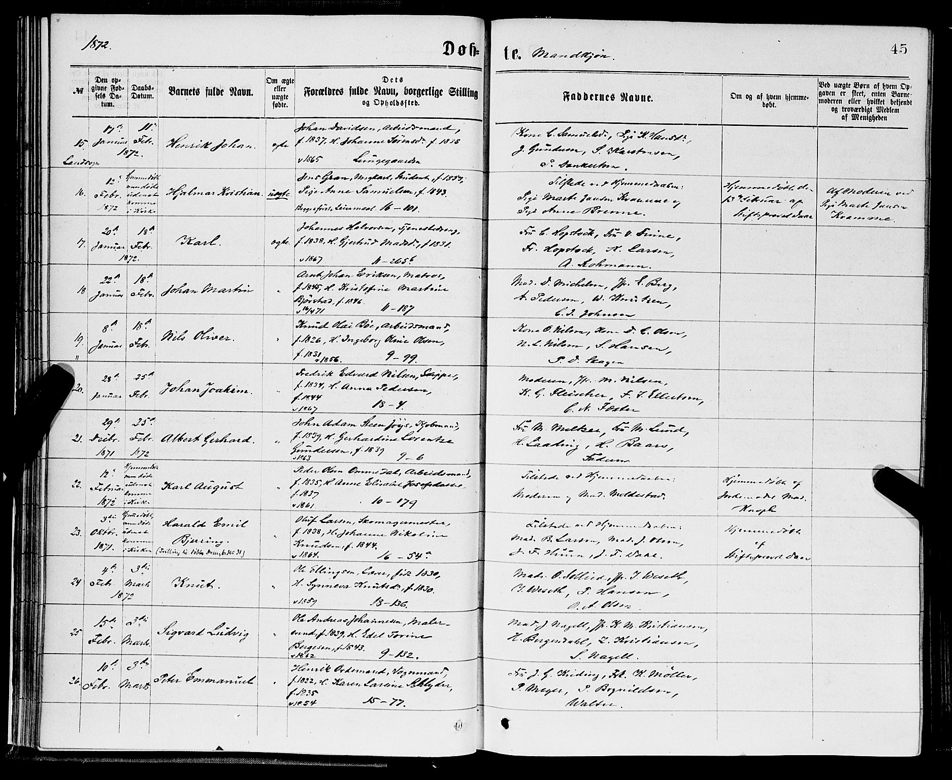 Domkirken sokneprestembete, AV/SAB-A-74801/H/Hab/L0013: Klokkerbok nr. B 6, 1869-1876, s. 45