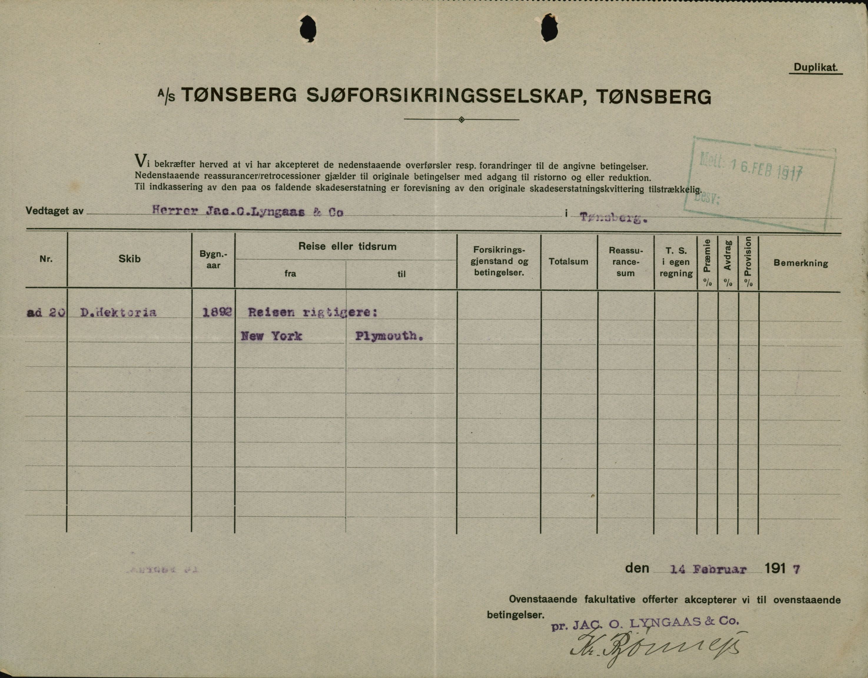 Pa 664 - Tønsberg Sjøforsikringsselskap, VEMU/A-1773/F/L0001: Forsikringspoliser, 1915-1918