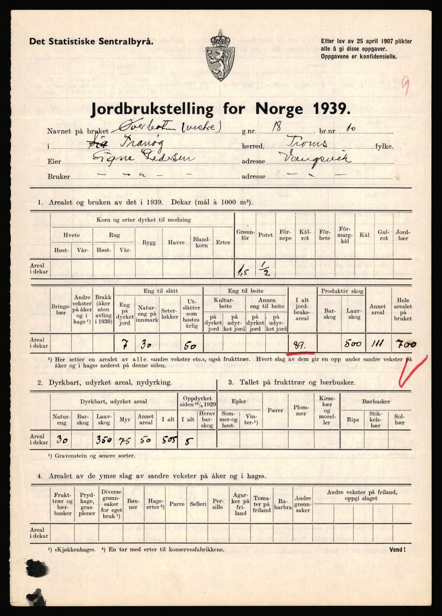 Statistisk sentralbyrå, Næringsøkonomiske emner, Jordbruk, skogbruk, jakt, fiske og fangst, AV/RA-S-2234/G/Gb/L0341: Troms: Sørreisa og Tranøy, 1939, s. 1637