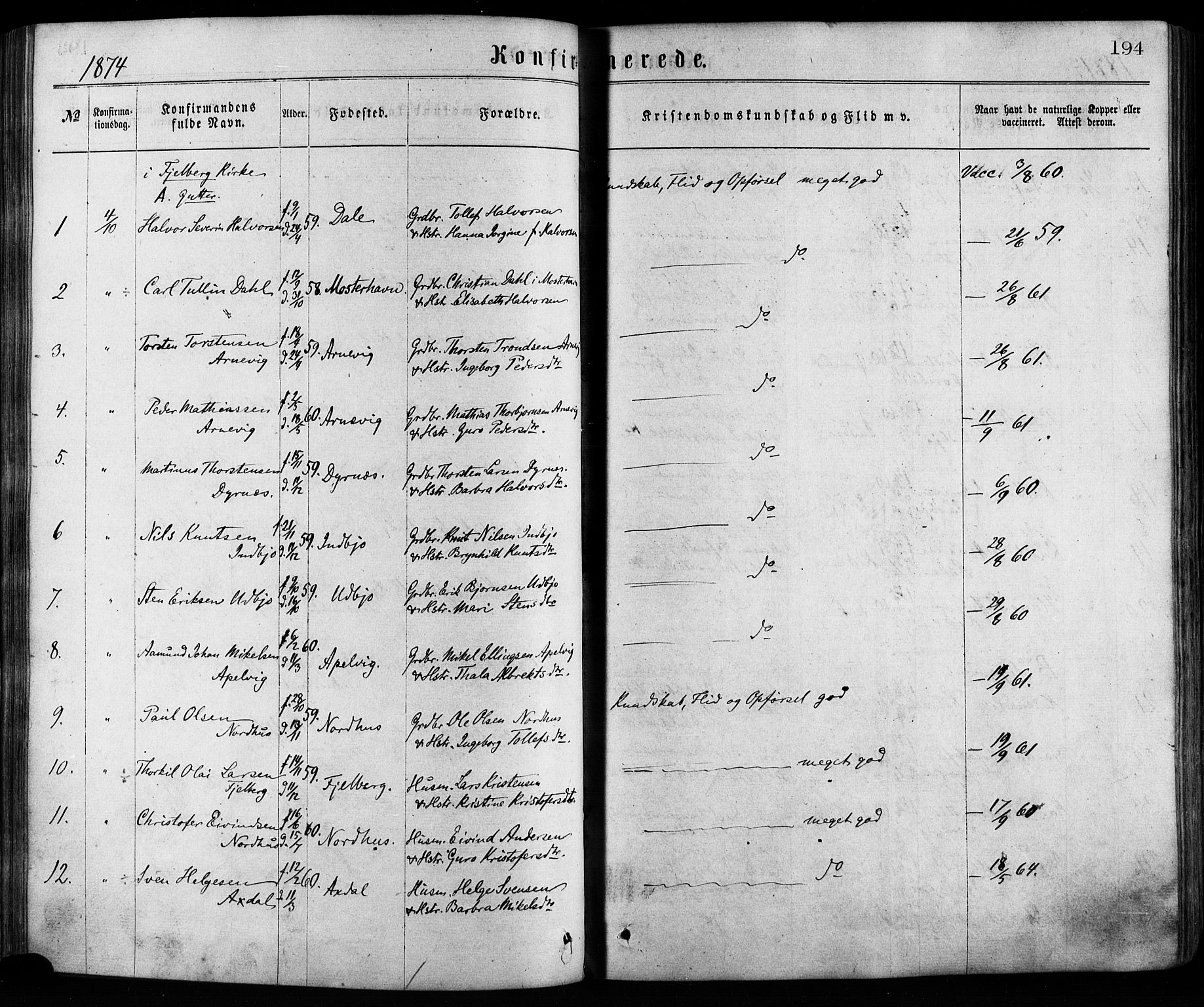 Fjelberg sokneprestembete, SAB/A-75201/H/Haa: Ministerialbok nr. A 8, 1866-1879, s. 194