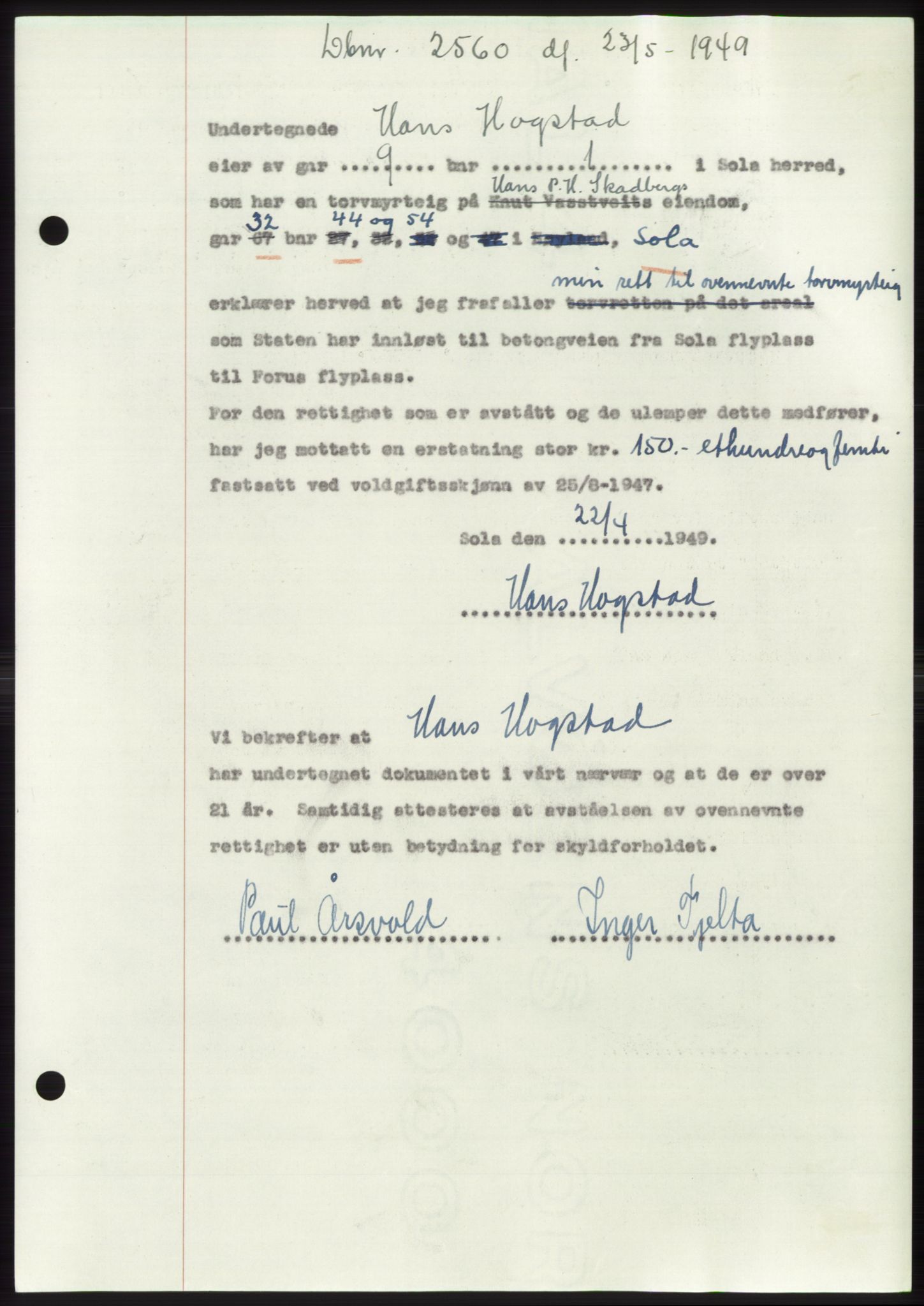Jæren sorenskriveri, SAST/A-100310/03/G/Gba/L0102: Pantebok, 1949-1949, Dagboknr: 2560/1949