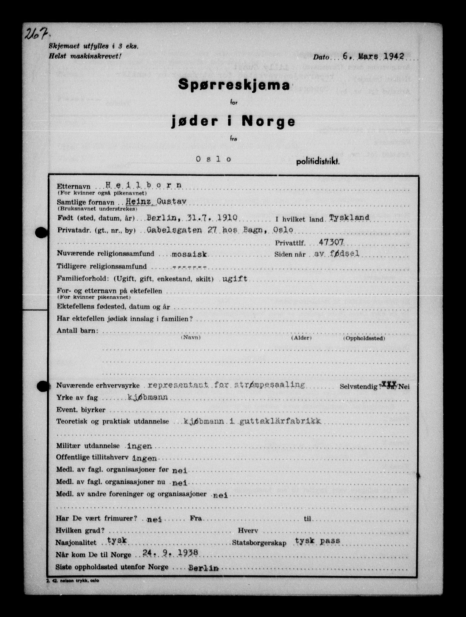 Statspolitiet - Hovedkontoret / Osloavdelingen, AV/RA-S-1329/G/Ga/L0010: Spørreskjema for jøder i Norge: Jøder bosatt i Oslo, Hansen - Pintzow, 1942, s. 15