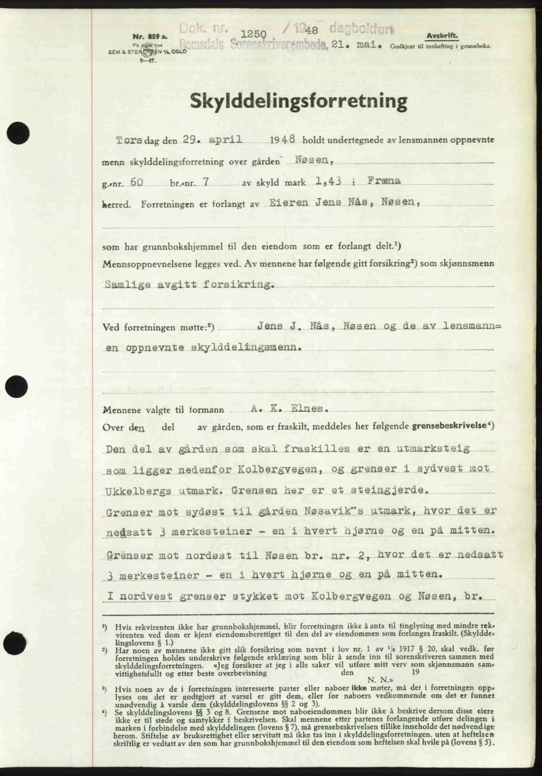 Romsdal sorenskriveri, SAT/A-4149/1/2/2C: Pantebok nr. A26, 1948-1948, Dagboknr: 1250/1948