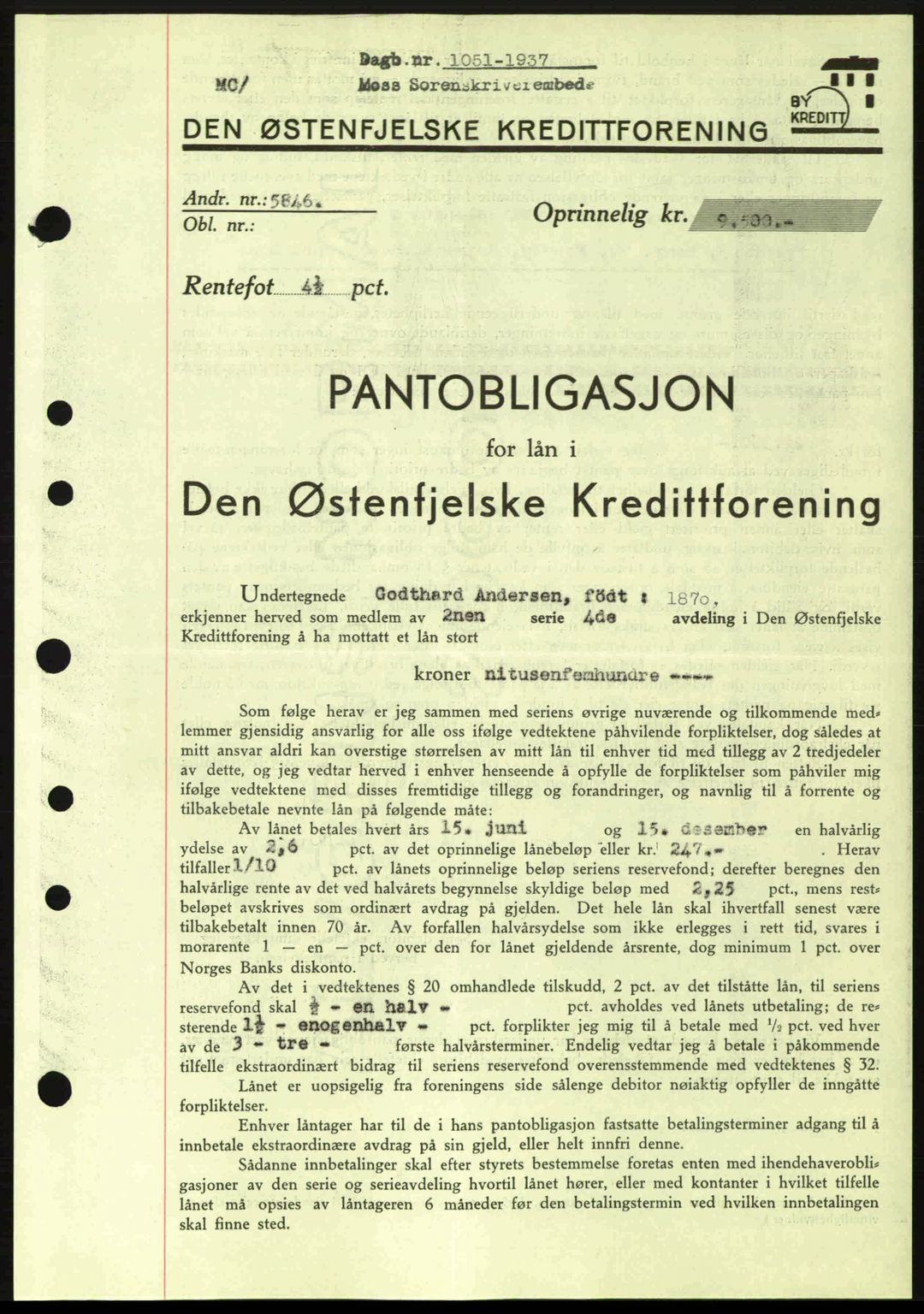 Moss sorenskriveri, SAO/A-10168: Pantebok nr. B3, 1937-1937, Dagboknr: 1051/1937