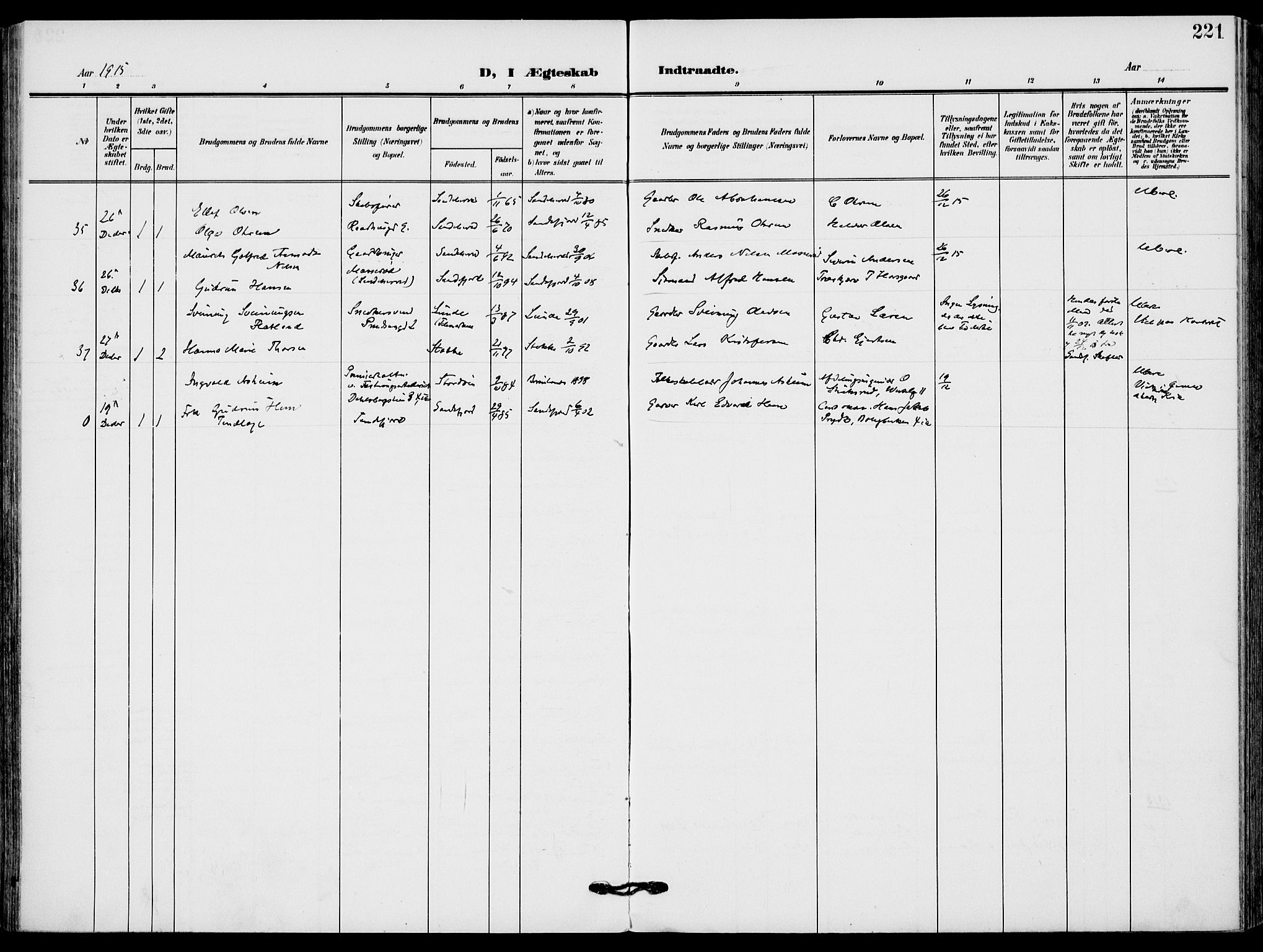 Sandefjord kirkebøker, AV/SAKO-A-315/F/Fa/L0005: Ministerialbok nr. 5, 1906-1915, s. 221