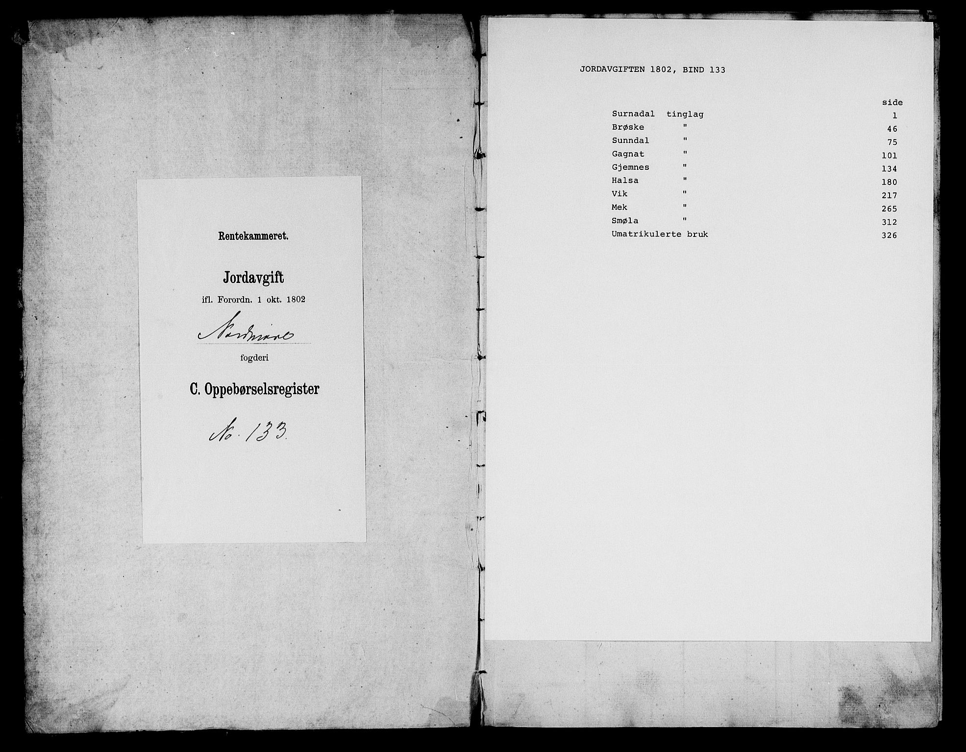 Rentekammeret inntil 1814, Realistisk ordnet avdeling, RA/EA-4070/N/Ne/Nea/L0133: Nordmøre fogderi. Oppebørselsregister, 1803, s. 1