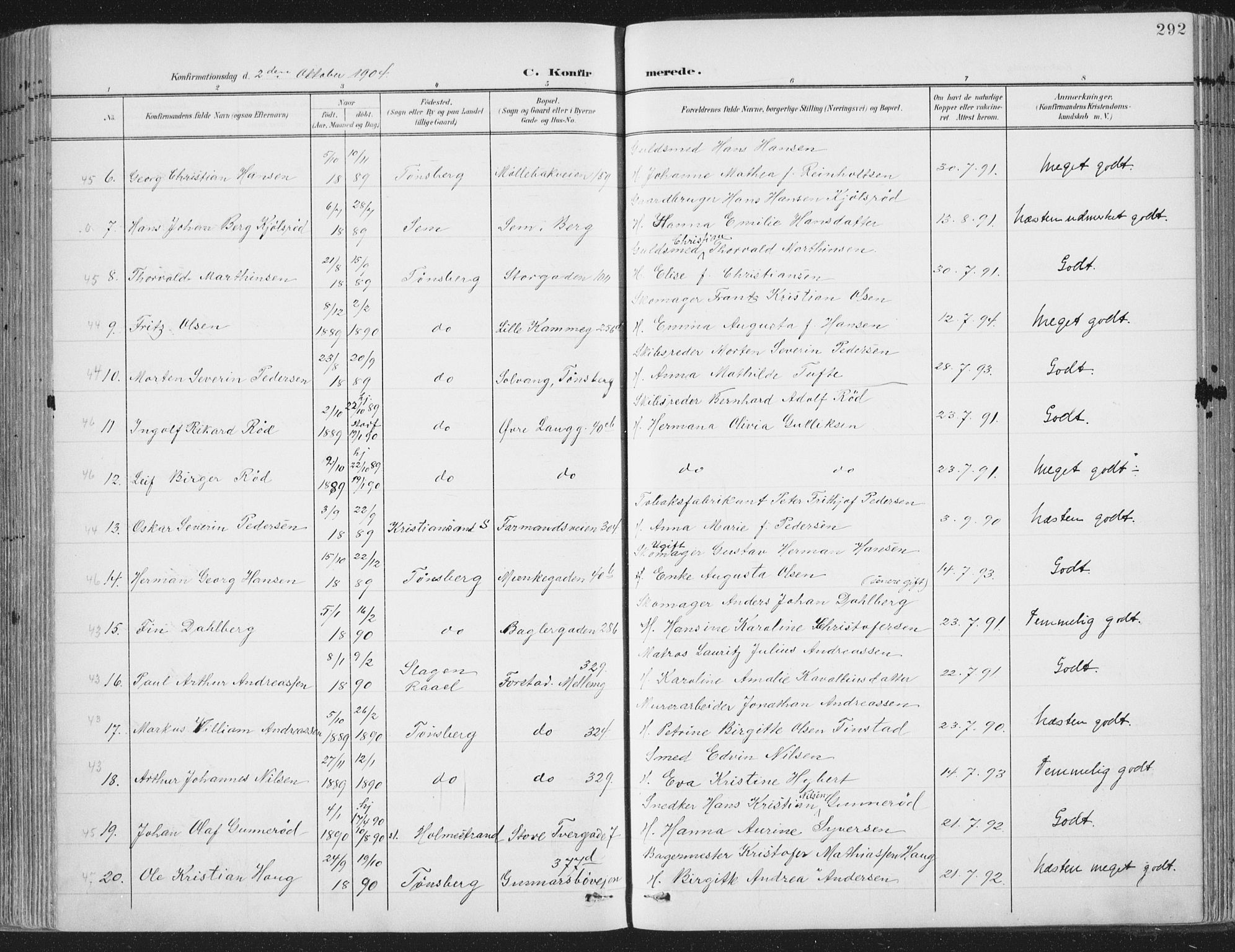Tønsberg kirkebøker, AV/SAKO-A-330/F/Fa/L0014: Ministerialbok nr. I 14, 1900-1913, s. 292