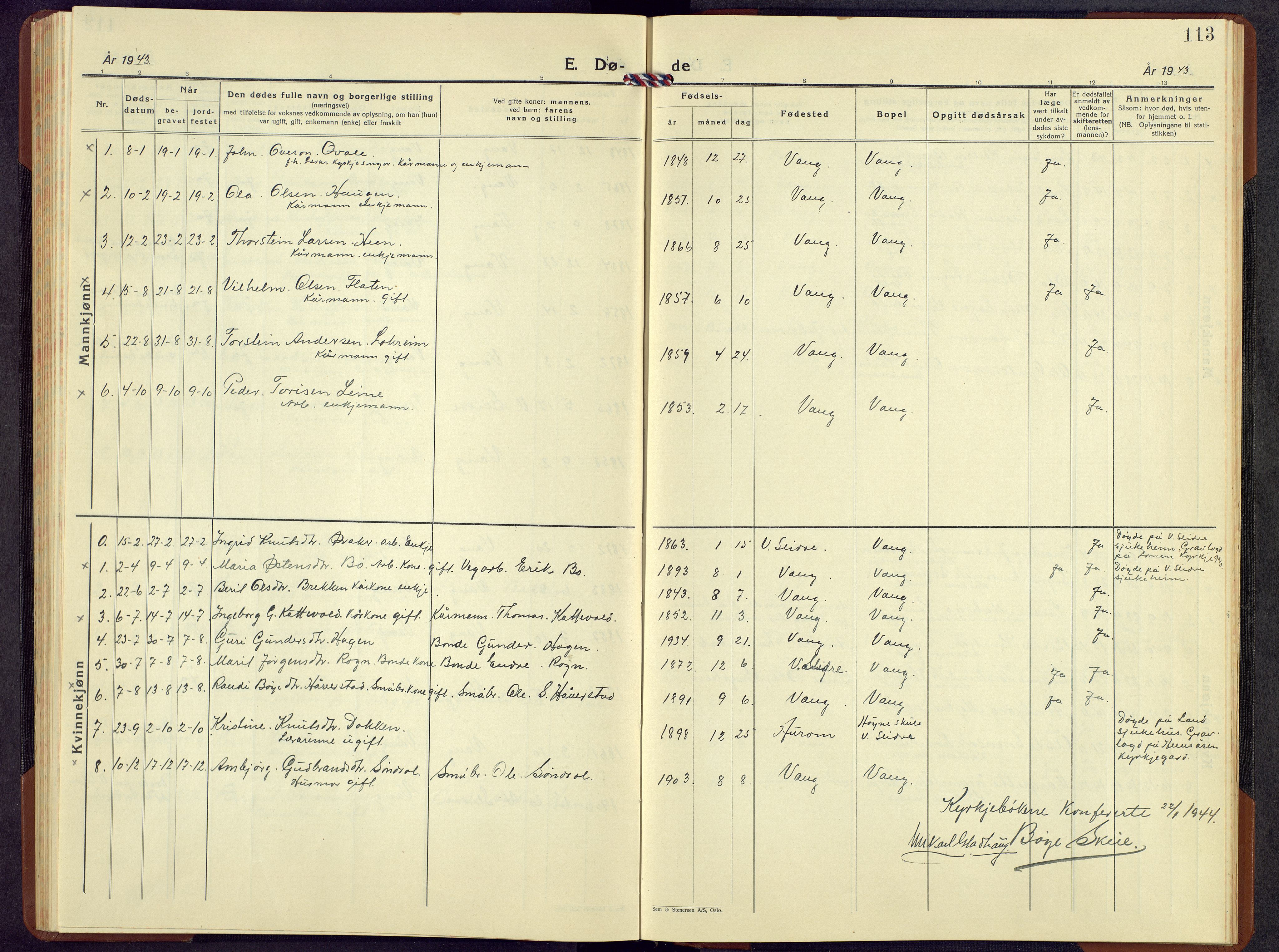 Vang prestekontor, Valdres, AV/SAH-PREST-140/H/Hb/L0009: Klokkerbok nr. 9, 1937-1956, s. 113