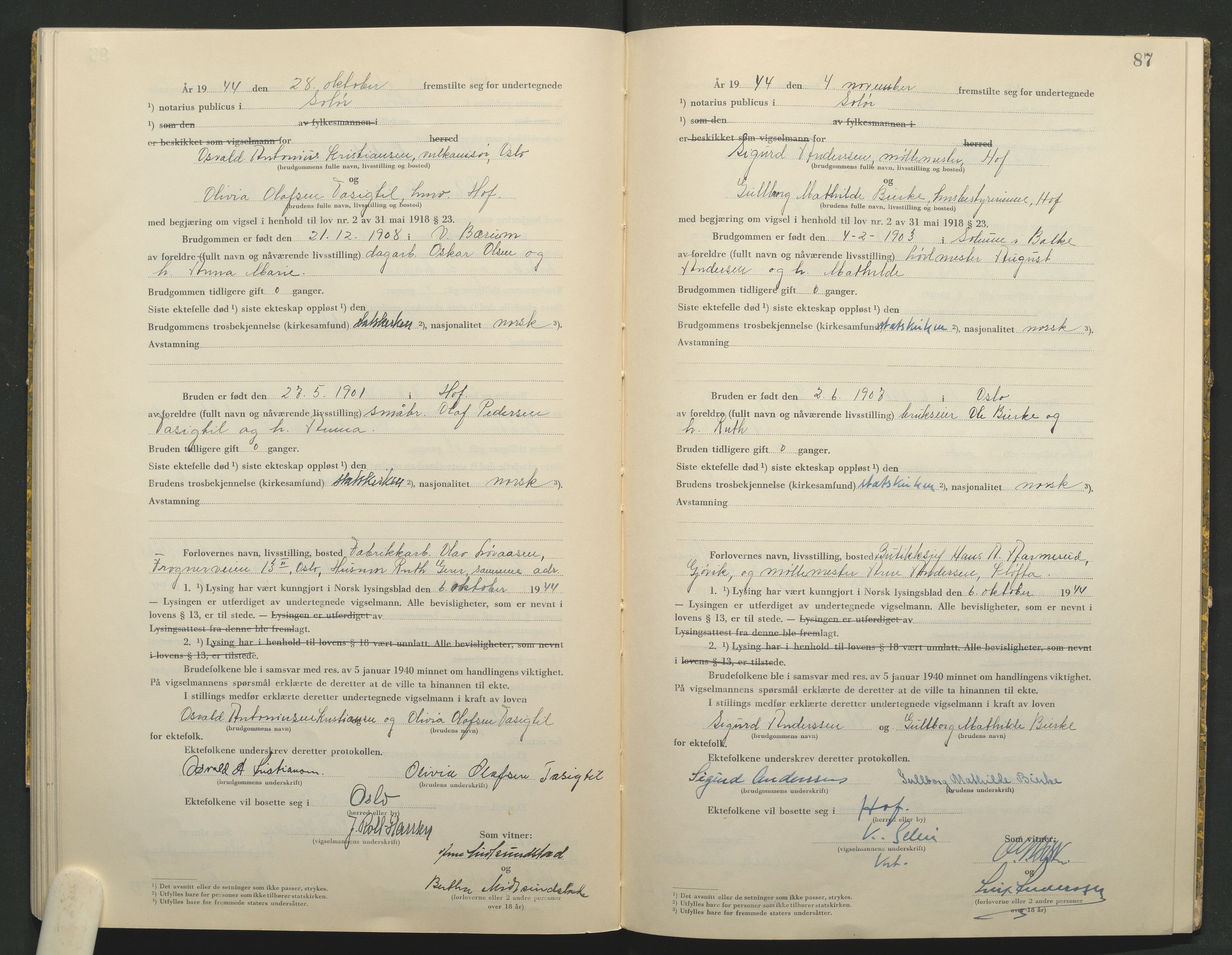 Solør tingrett, AV/SAH-TING-008/L/Lb/L0002: Vigselprotokoll, 1943-1944, s. 87
