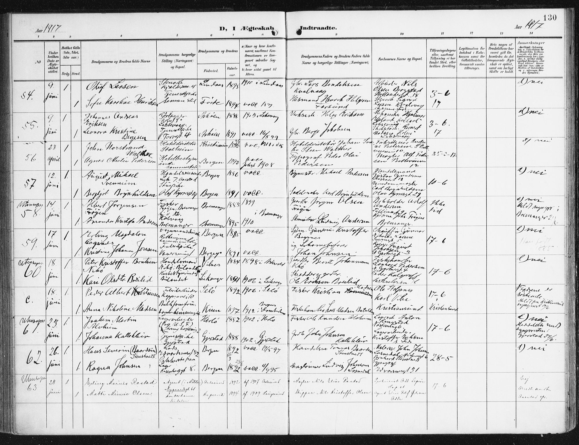 Domkirken sokneprestembete, AV/SAB-A-74801/H/Haa/L0038: Ministerialbok nr. D 5, 1906-1921, s. 130