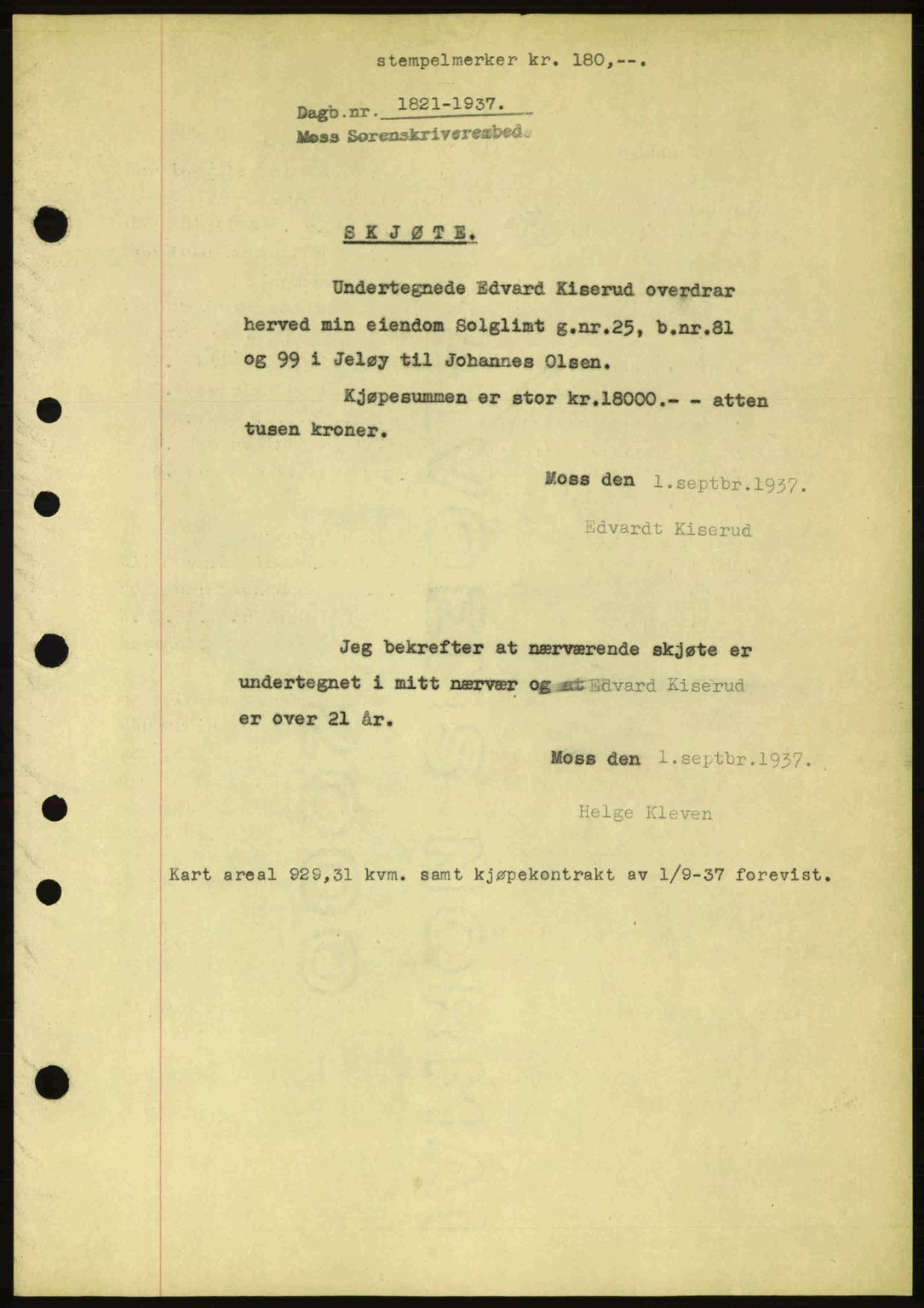 Moss sorenskriveri, SAO/A-10168: Pantebok nr. A3, 1937-1938, Dagboknr: 1821/1937