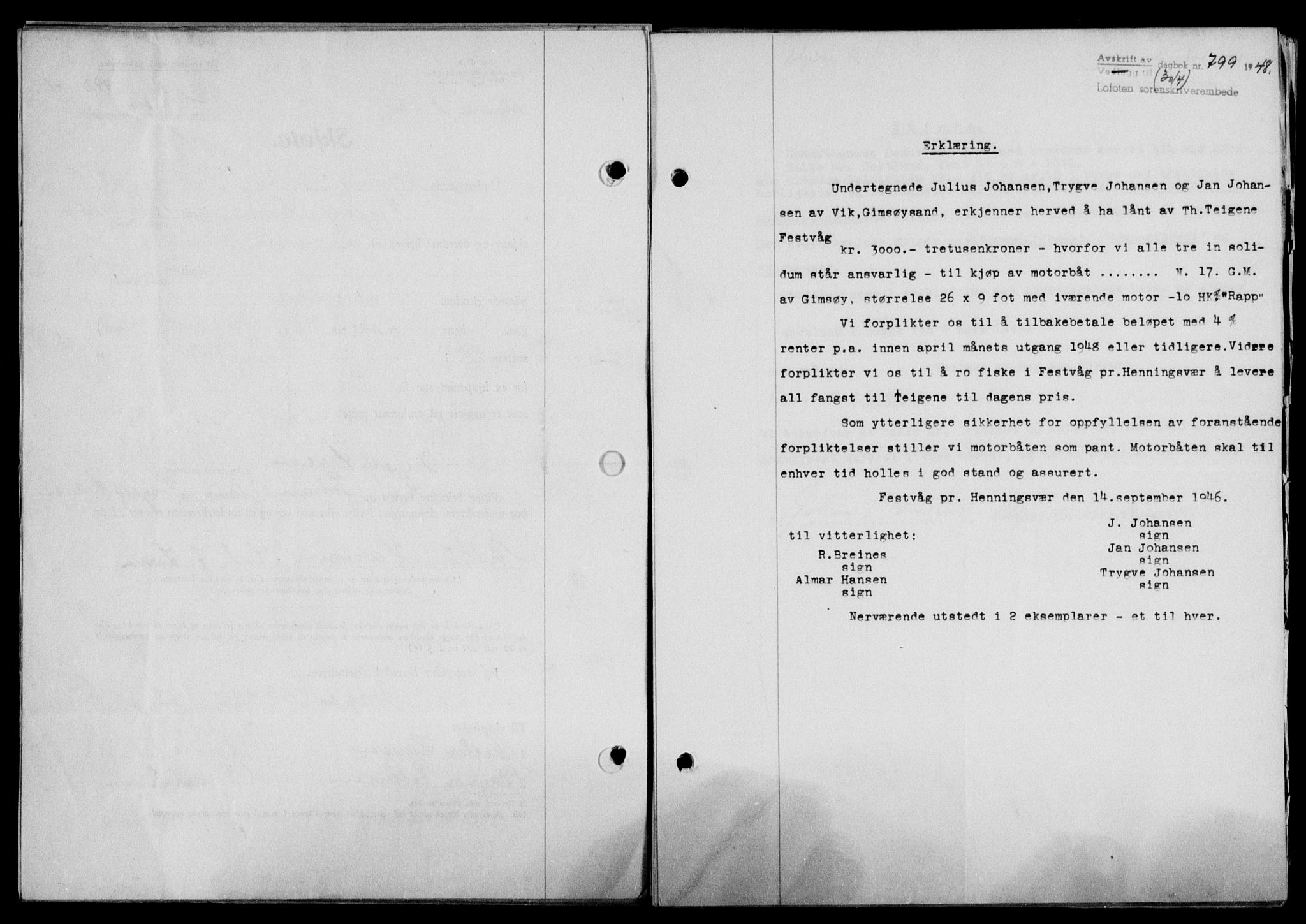 Lofoten sorenskriveri, SAT/A-0017/1/2/2C/L0018a: Pantebok nr. 18a, 1948-1948, Dagboknr: 799/1948