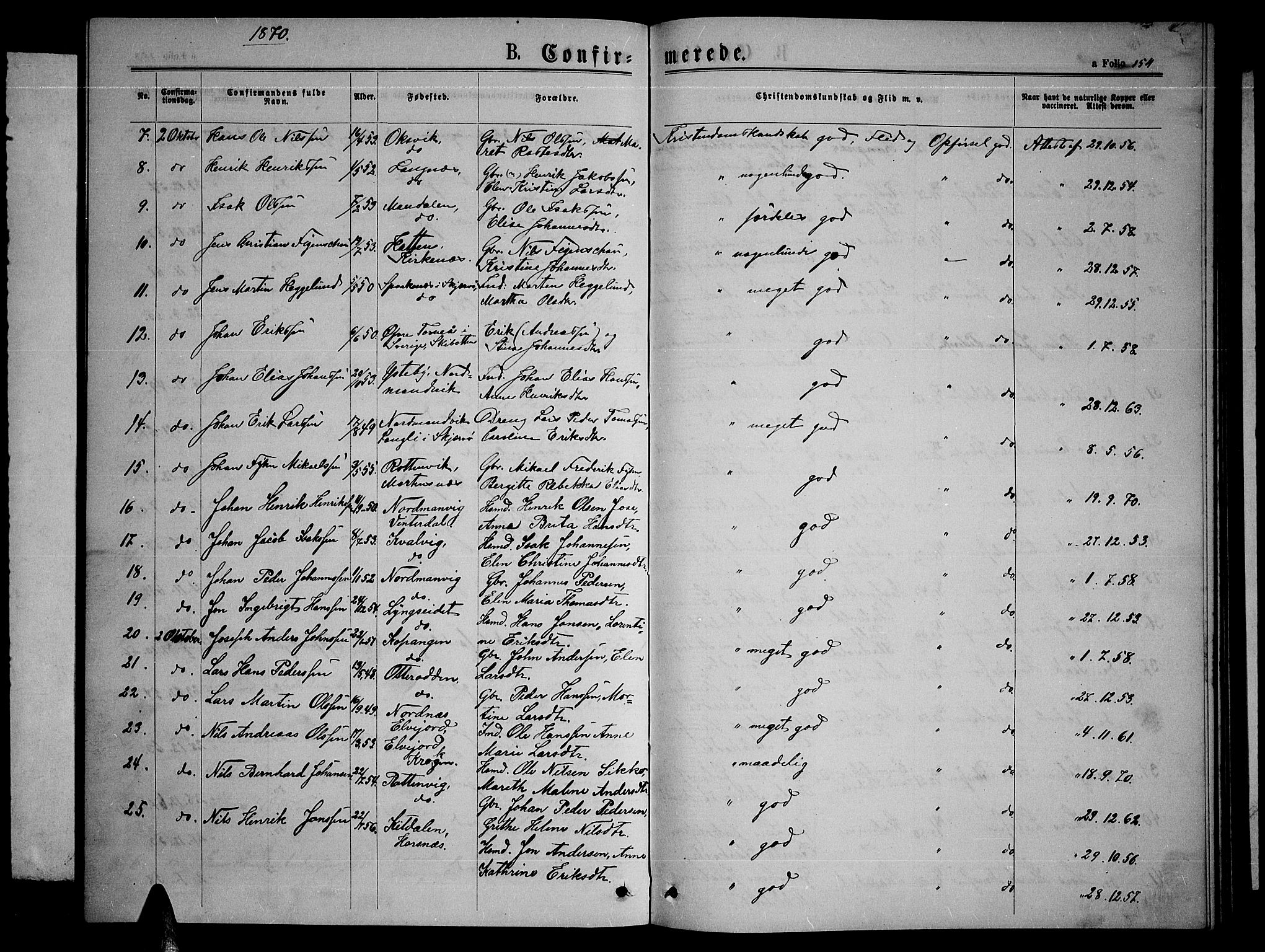 Lyngen sokneprestembete, AV/SATØ-S-1289/H/He/Heb/L0004klokker: Klokkerbok nr. 4, 1868-1878, s. 154