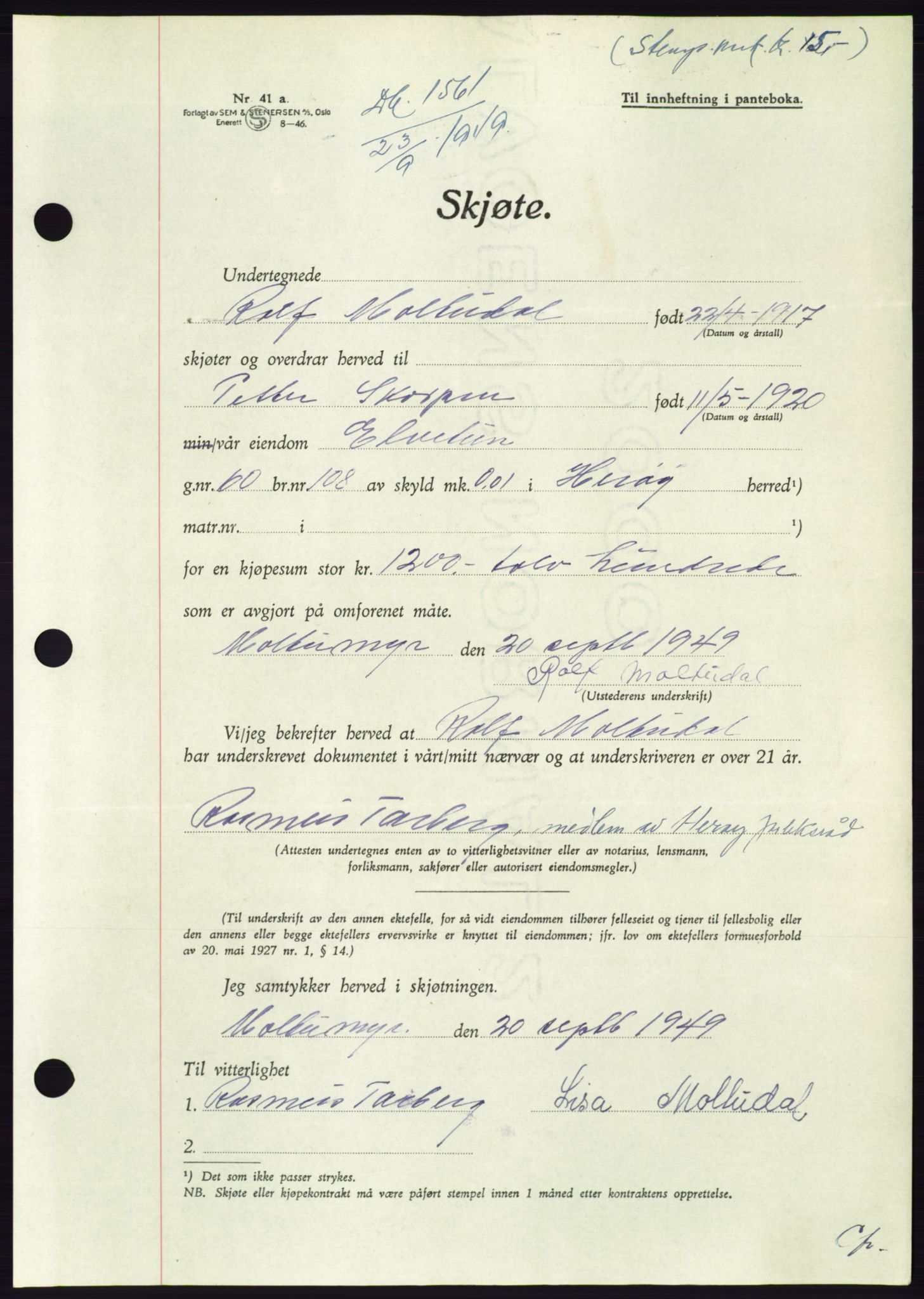 Søre Sunnmøre sorenskriveri, SAT/A-4122/1/2/2C/L0085: Pantebok nr. 11A, 1949-1949, Dagboknr: 1561/1949