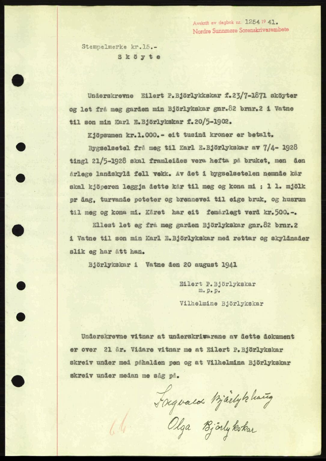 Nordre Sunnmøre sorenskriveri, SAT/A-0006/1/2/2C/2Ca: Pantebok nr. A11, 1941-1941, Dagboknr: 1254/1941