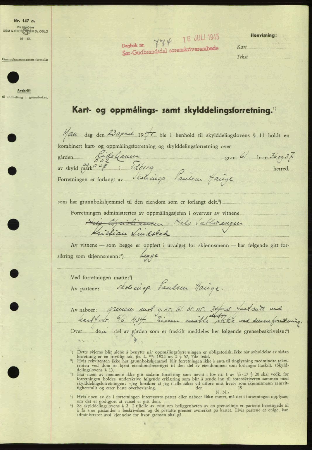 Sør-Gudbrandsdal tingrett, SAH/TING-004/H/Hb/Hbd/L0014: Pantebok nr. A14, 1944-1945, Dagboknr: 774/1945