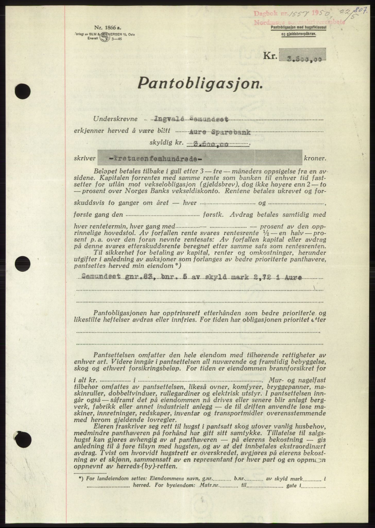 Nordmøre sorenskriveri, SAT/A-4132/1/2/2Ca: Pantebok nr. B104, 1950-1950, Dagboknr: 1557/1950