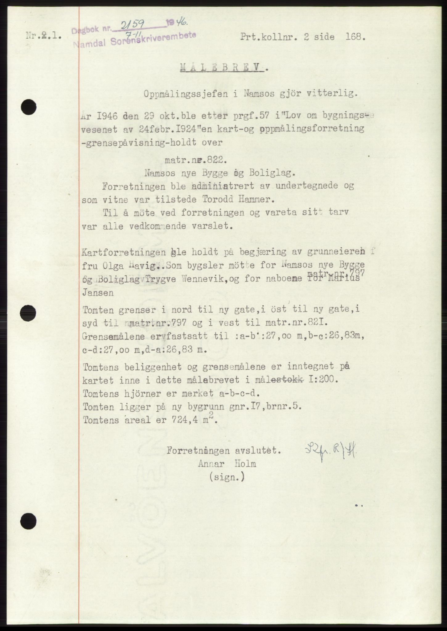 Namdal sorenskriveri, SAT/A-4133/1/2/2C: Pantebok nr. -, 1946-1947, Dagboknr: 2159/1946