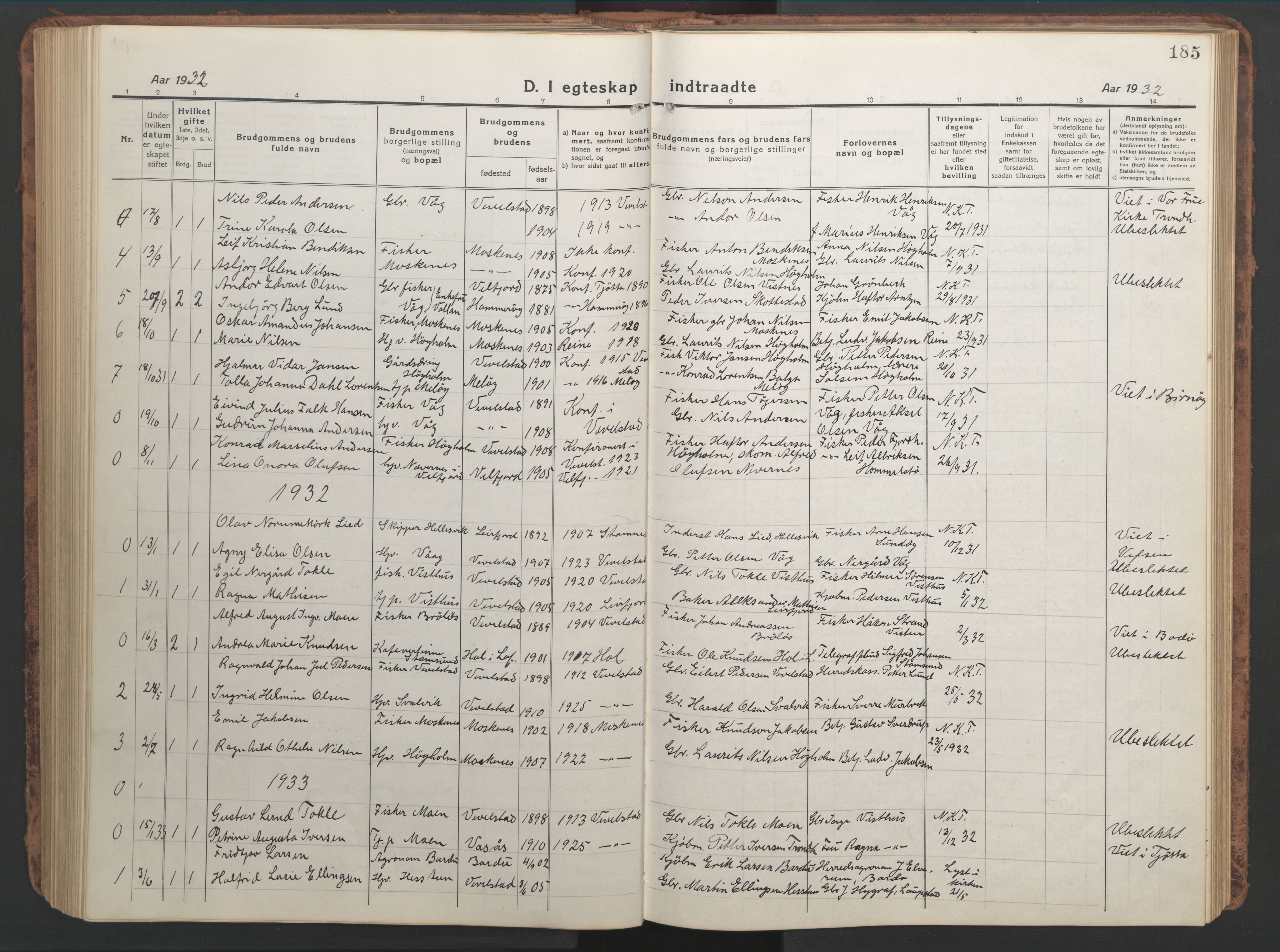 Ministerialprotokoller, klokkerbøker og fødselsregistre - Nordland, SAT/A-1459/819/L0278: Klokkerbok nr. 819C04, 1917-1967, s. 185