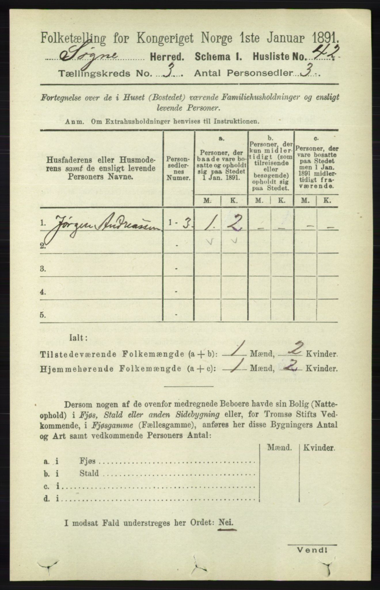 RA, Folketelling 1891 for 1018 Søgne herred, 1891, s. 308