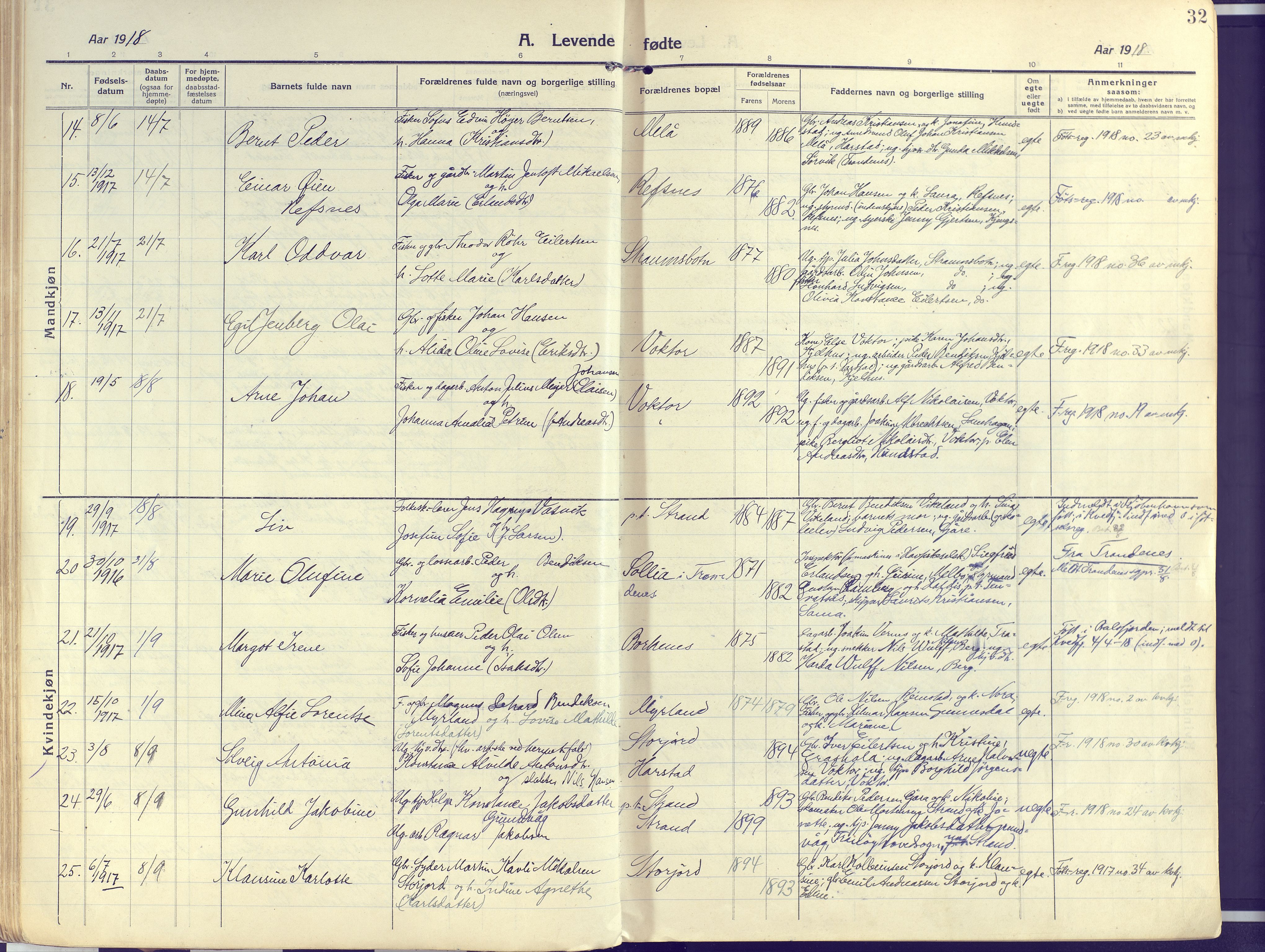 Kvæfjord sokneprestkontor, AV/SATØ-S-1323/G/Ga/Gaa/L0007kirke: Ministerialbok nr. 7, 1915-1931, s. 32