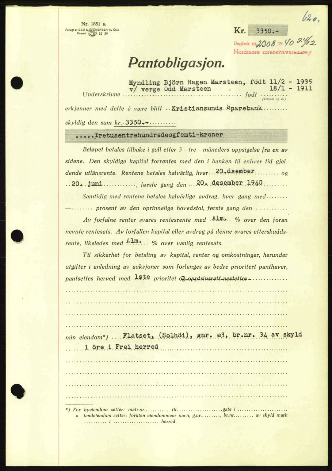 Nordmøre sorenskriveri, AV/SAT-A-4132/1/2/2Ca: Pantebok nr. B87, 1940-1941, Dagboknr: 2308/1940