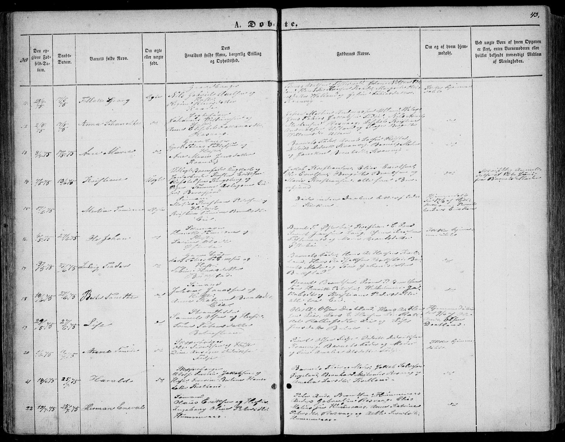 Flekkefjord sokneprestkontor, AV/SAK-1111-0012/F/Fb/Fbb/L0003: Klokkerbok nr. B 3, 1867-1889, s. 43