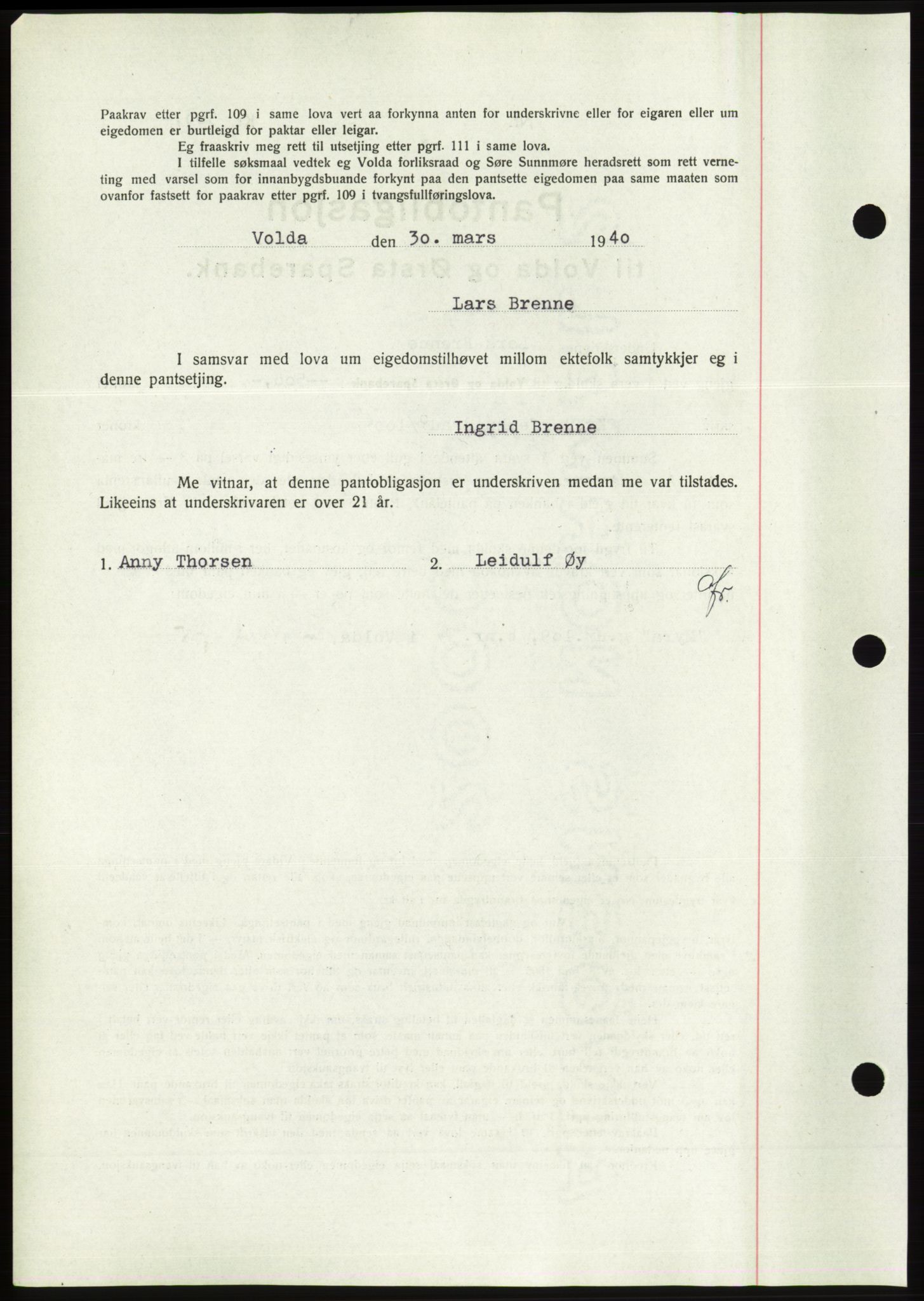 Søre Sunnmøre sorenskriveri, AV/SAT-A-4122/1/2/2C/L0069: Pantebok nr. 63, 1939-1940, Dagboknr: 320/1940