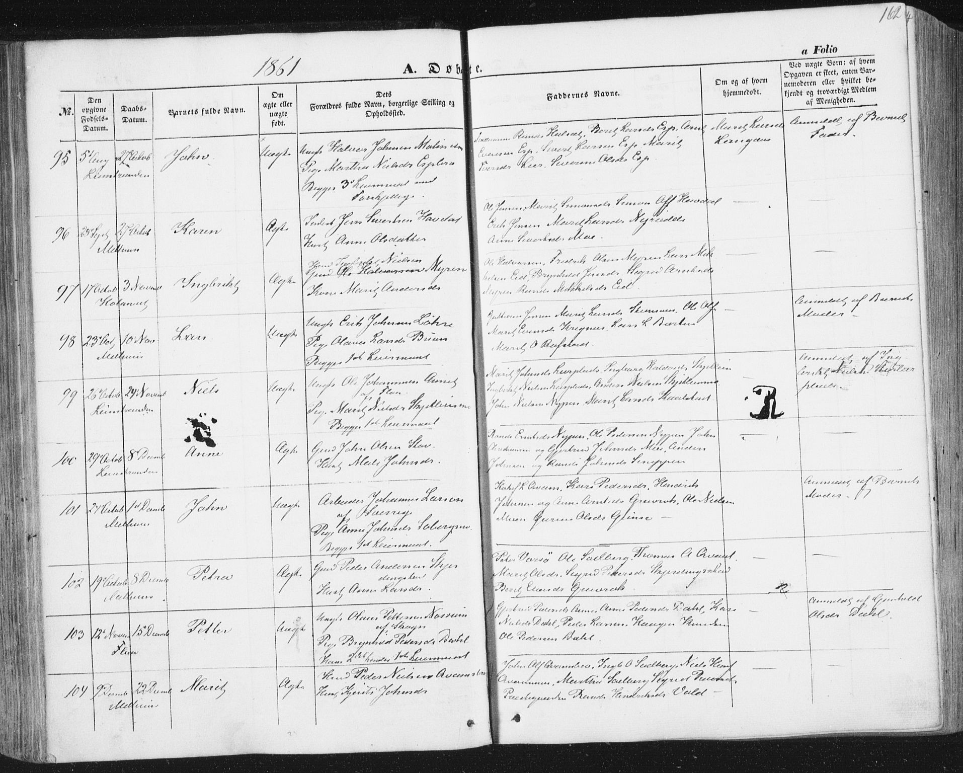 Ministerialprotokoller, klokkerbøker og fødselsregistre - Sør-Trøndelag, SAT/A-1456/691/L1076: Ministerialbok nr. 691A08, 1852-1861, s. 162