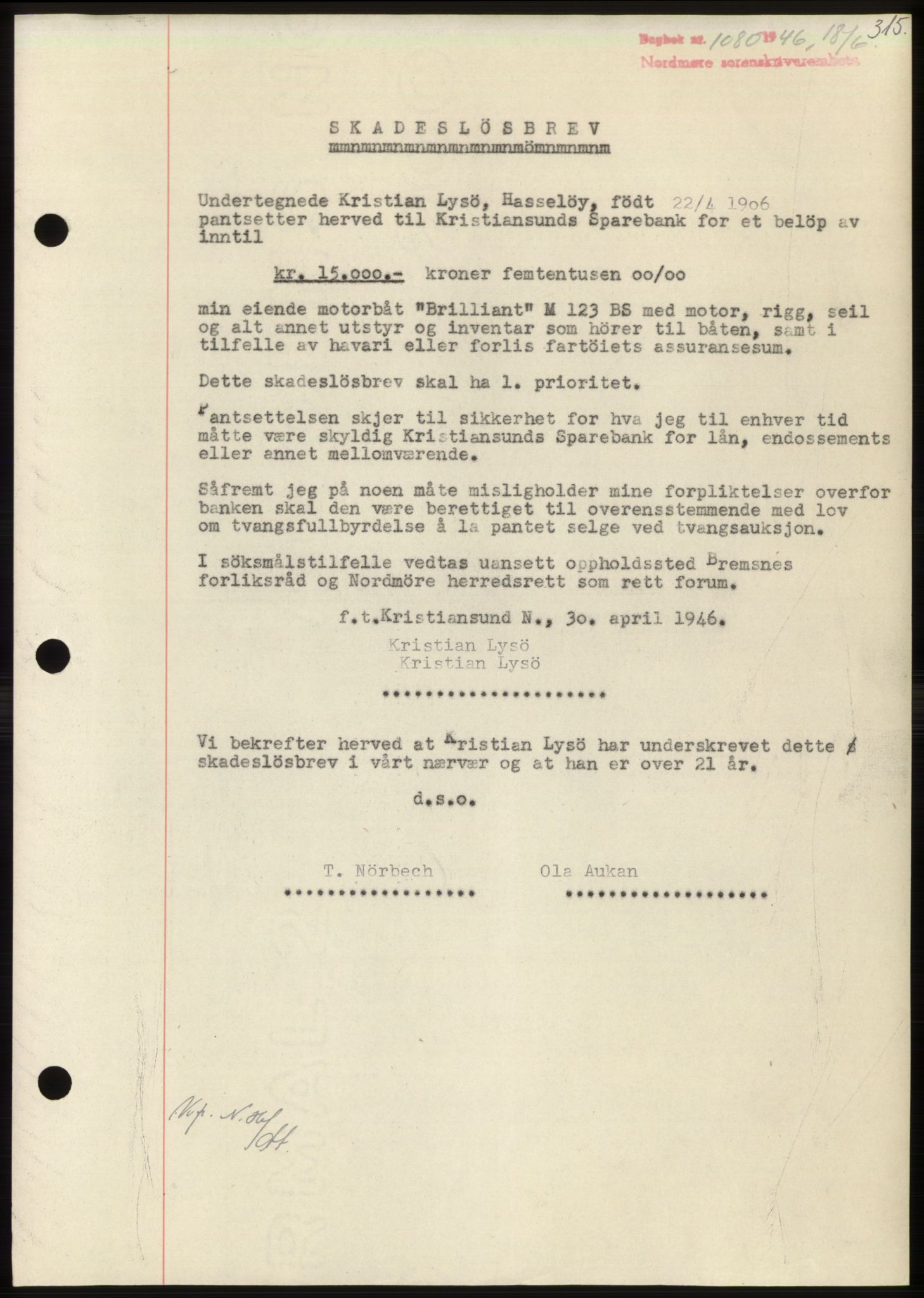 Nordmøre sorenskriveri, AV/SAT-A-4132/1/2/2Ca: Pantebok nr. B94, 1946-1946, Dagboknr: 1080/1946