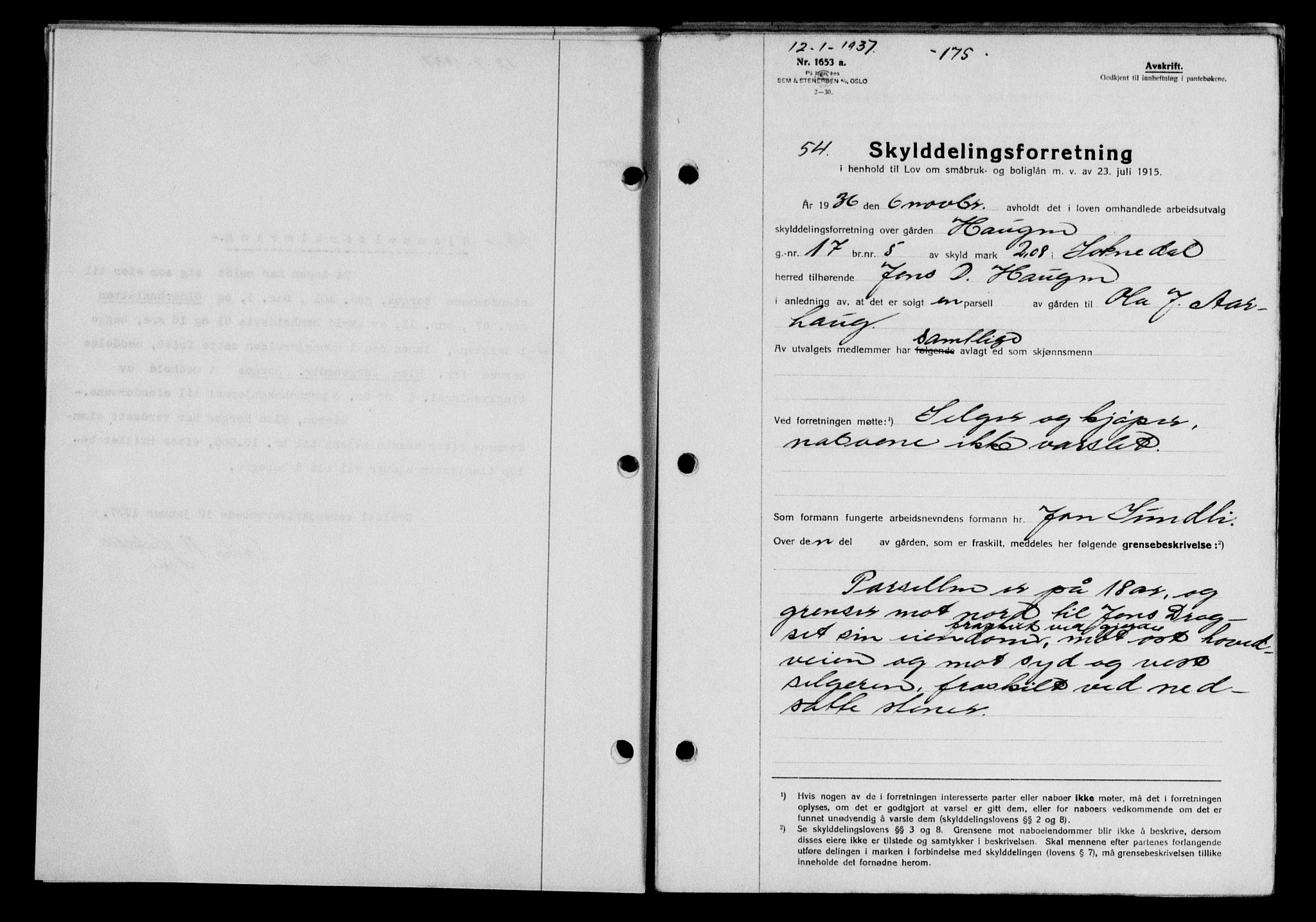 Gauldal sorenskriveri, SAT/A-0014/1/2/2C/L0046: Pantebok nr. 49-50, 1936-1937, Dagboknr: 54/1937