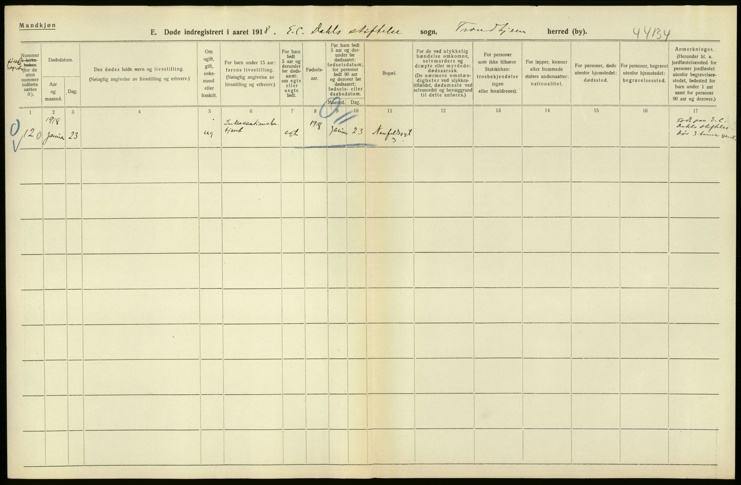 Statistisk sentralbyrå, Sosiodemografiske emner, Befolkning, AV/RA-S-2228/D/Df/Dfb/Dfbh/L0049: Trondheim: Døde, dødfødte., 1918, s. 150