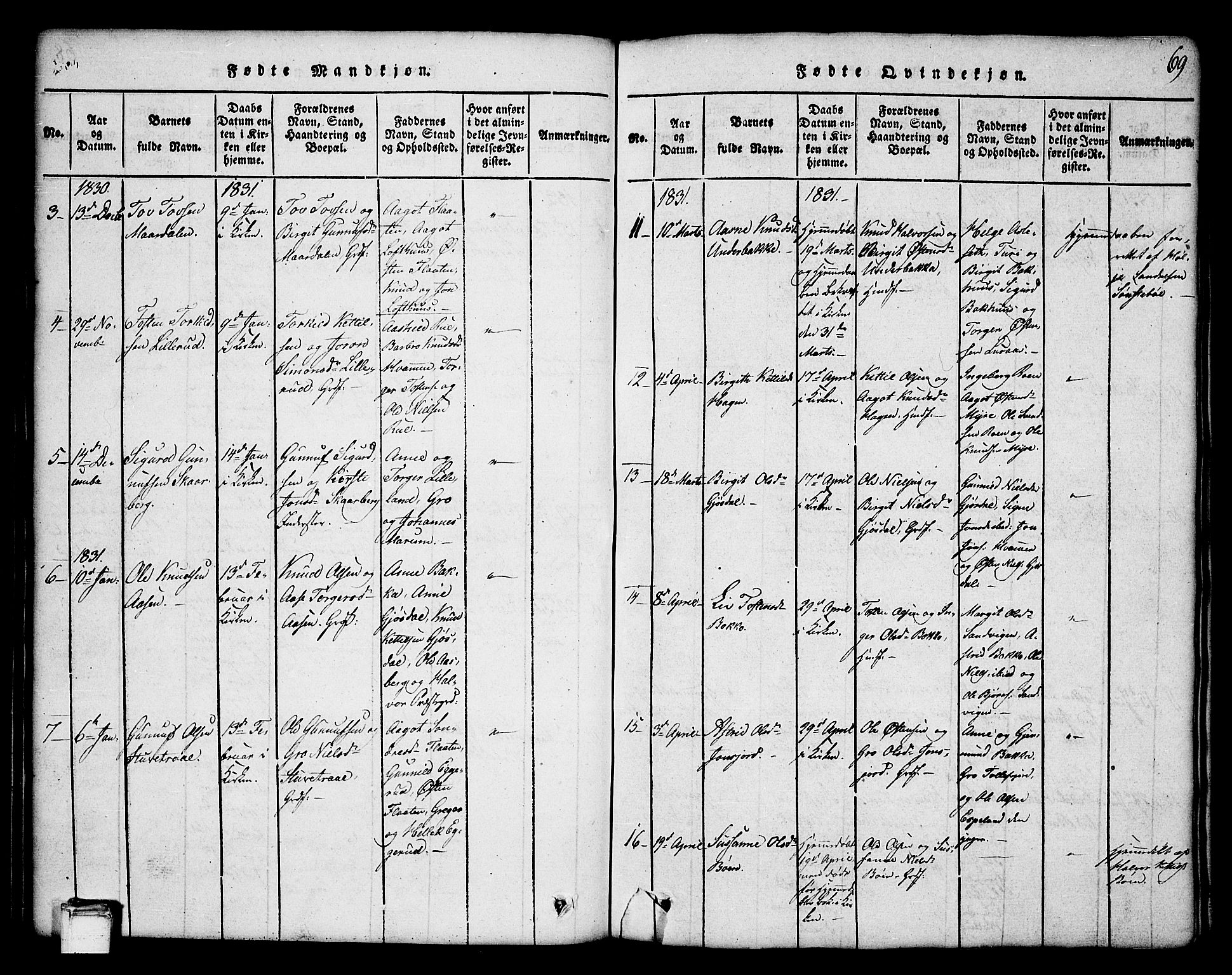 Tinn kirkebøker, AV/SAKO-A-308/G/Ga/L0001: Klokkerbok nr. I 1, 1815-1850, s. 69